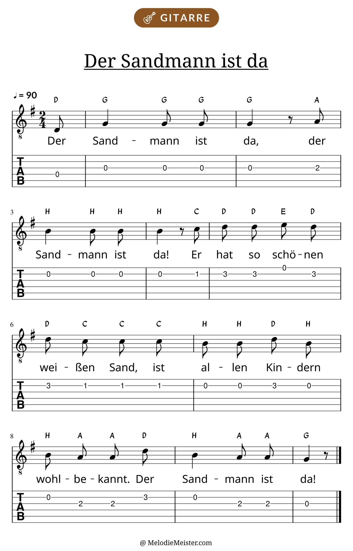 Notenblatt „Der Sandmann ist da“ für Gitarre: Melodie mit Buchstaben über den Noten, darunter der Liedtext und die Gitarren-Tabulatur mit Bundzahlen.
