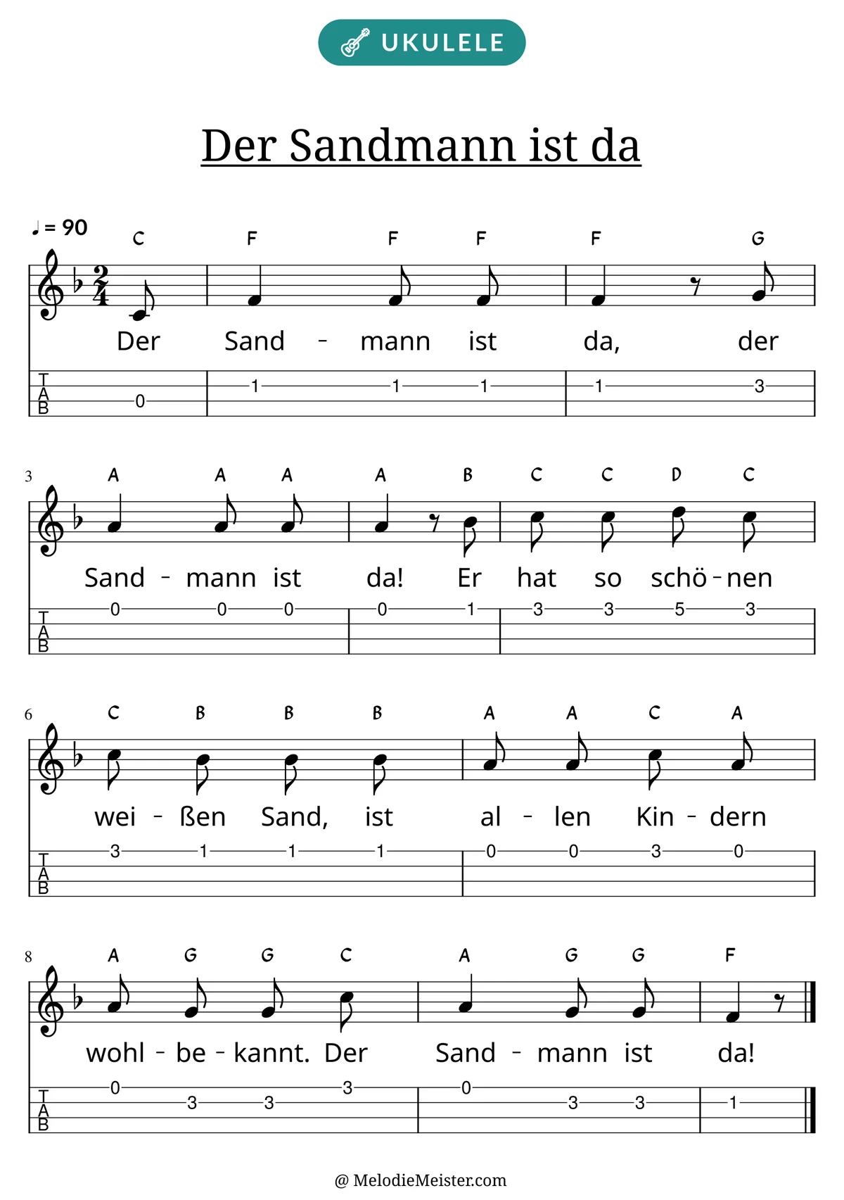 Notenblatt „Der Sandmann ist da“ für Ukulele: Melodie mit Buchstaben über den Noten, darunter der Liedtext und die Ukulele-Tabulatur mit Bundzahlen.