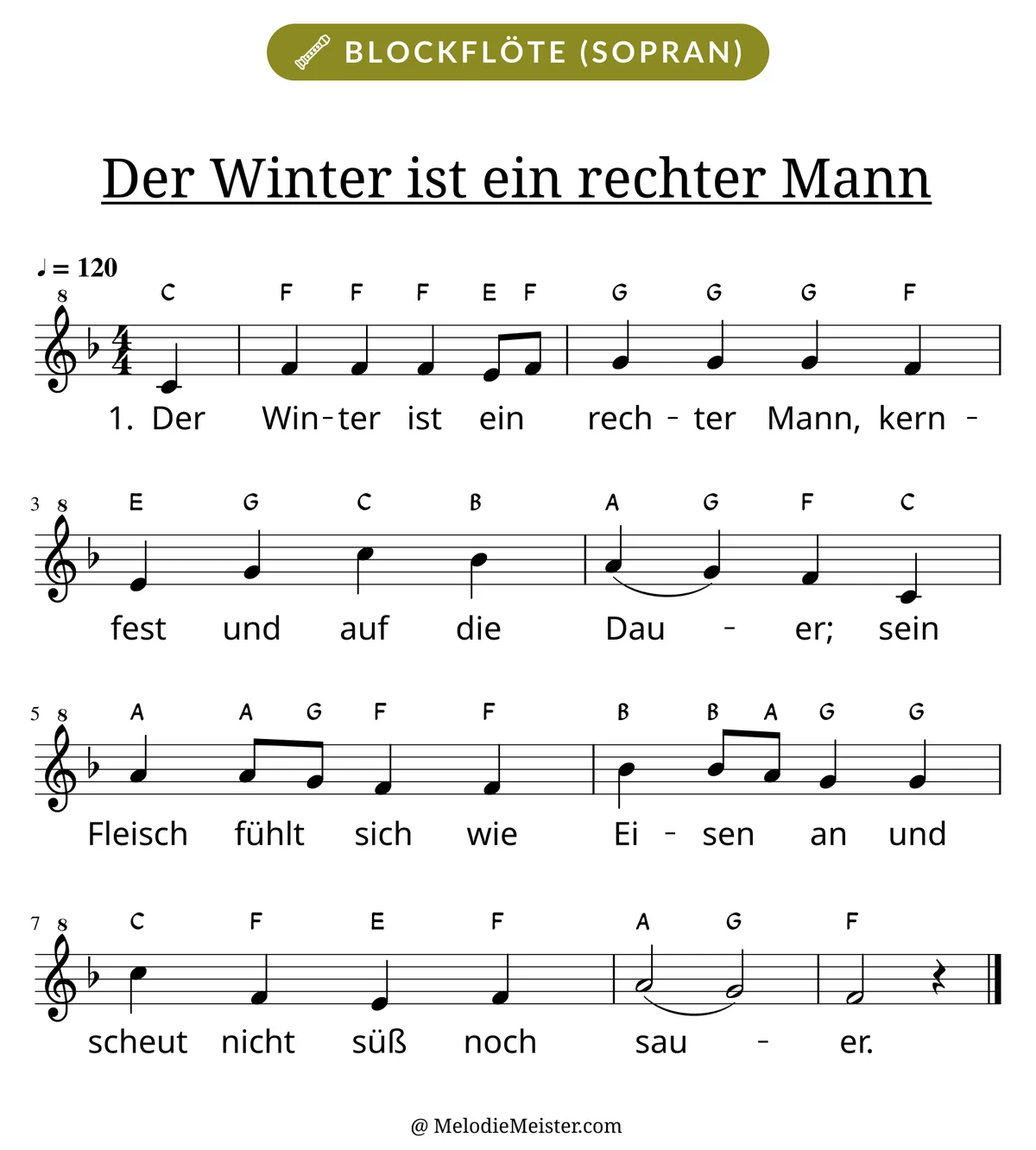 Notenblatt „Der Winter ist ein rechter Mann“ für Blockflöte: Melodie mit Buchstaben über den Noten, darunter der Liedtext der 1. Strophe.