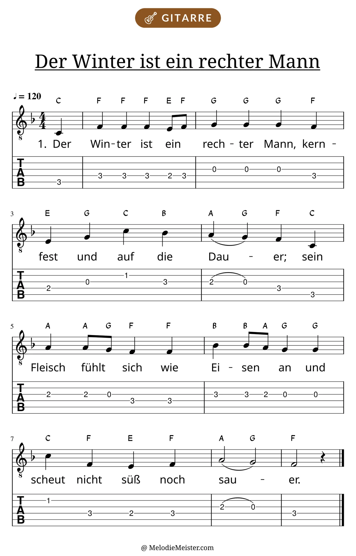 Notenblatt „Der Winter ist ein rechter Mann“ für Gitarre: Melodie mit Buchstaben über den Noten, darunter der Liedtext der 1. Strophe und die Gitarren-Tabulatur mit Bundzahlen.
