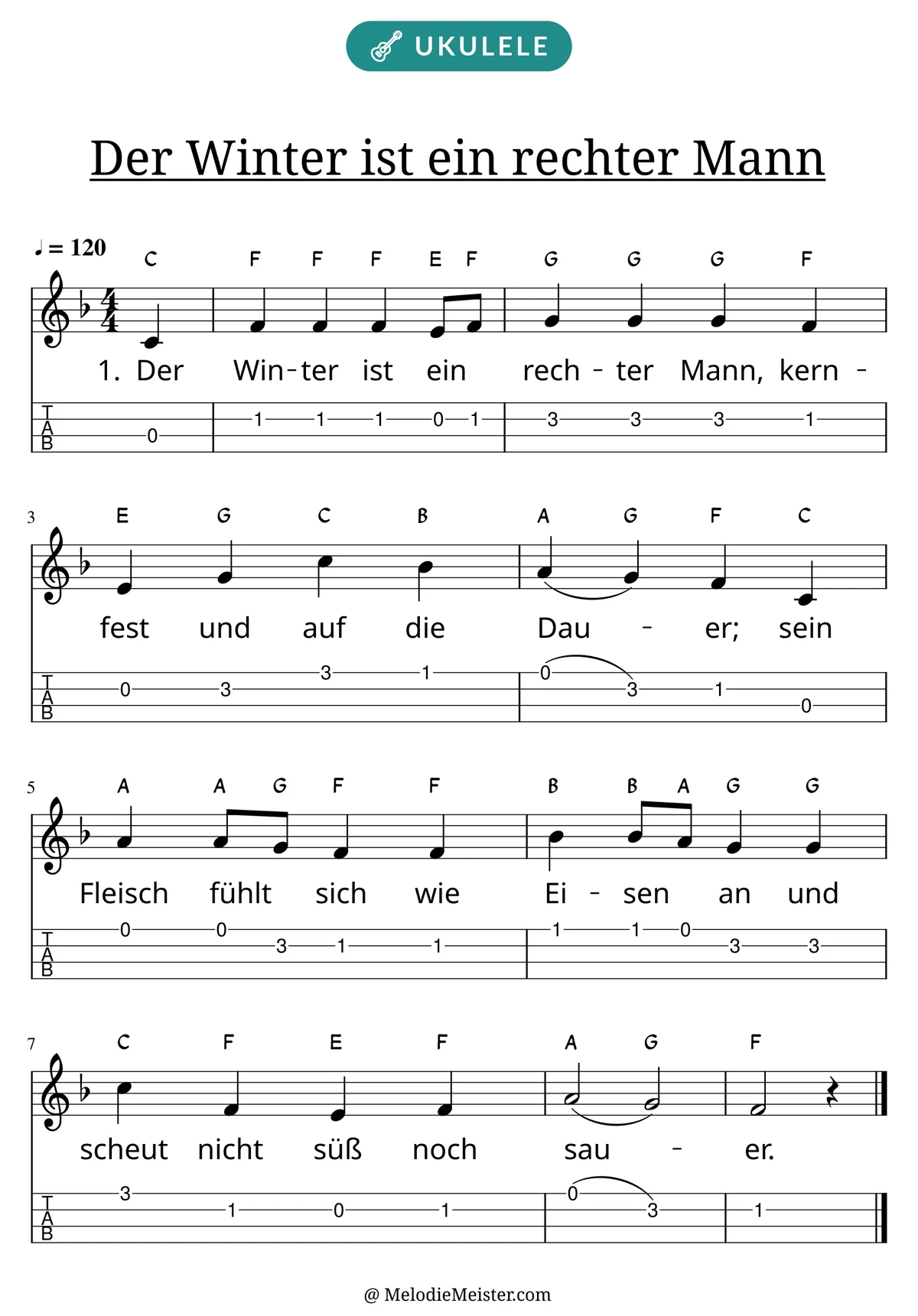 Notenblatt „Der Winter ist ein rechter Mann“ für Ukulele: Melodie mit Buchstaben über den Noten, darunter der Liedtext der 1. Strophe und die Ukulele-Tabulatur mit Bundzahlen.
