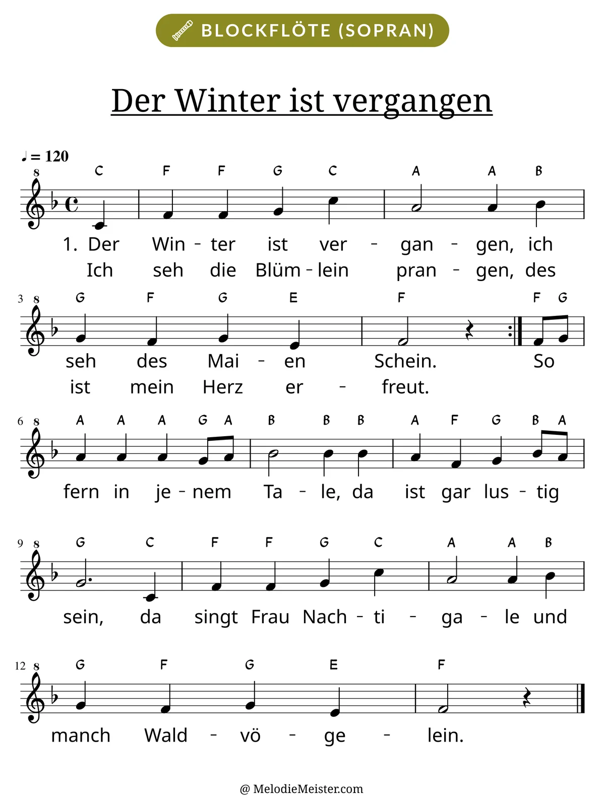Notenblatt „Der Winter ist vergangen“ für Blockflöte: Melodie mit Buchstaben über den Noten, darunter der Liedtext der ersten beiden Strophen.