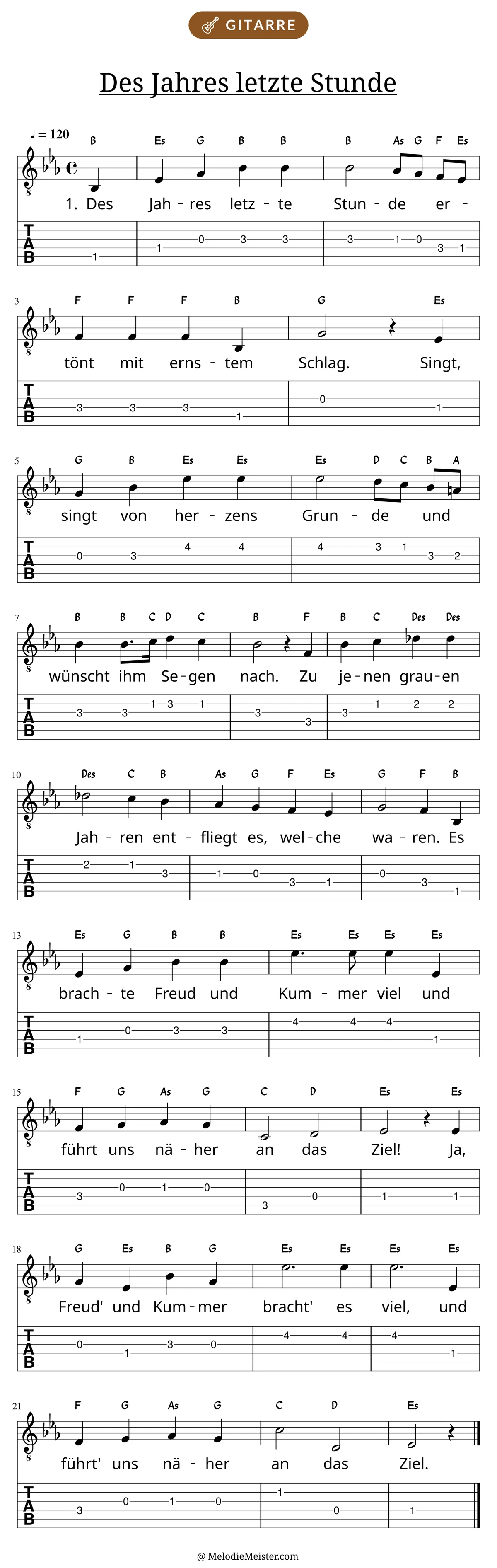 Notenblatt „Des Jahres letzte Stunde“ für Gitarre: Melodie mit Buchstaben über den Noten, darunter der Liedtext der 1. Strophe und die Gitarren-Tabulatur mit Bundzahlen.