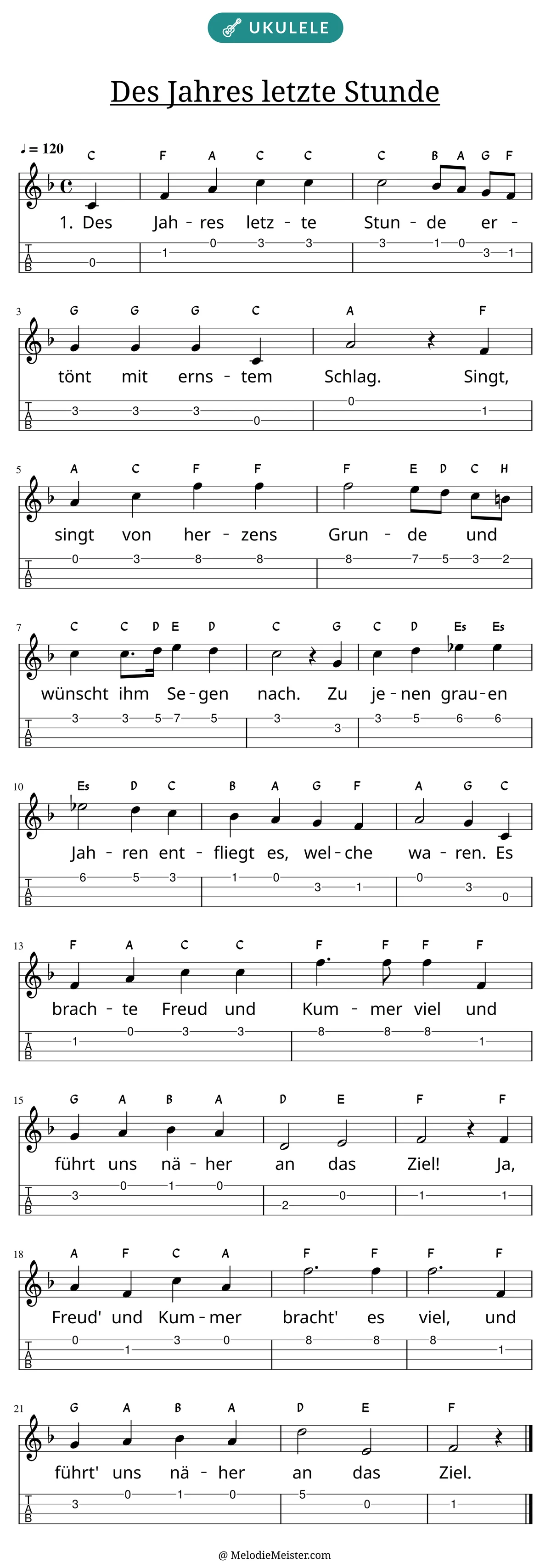 Notenblatt „Des Jahres letzte Stunde“ für Ukulele: Melodie mit Buchstaben über den Noten, darunter der Liedtext der 1. Strophe und die Ukulele-Tabulatur mit Bundzahlen.