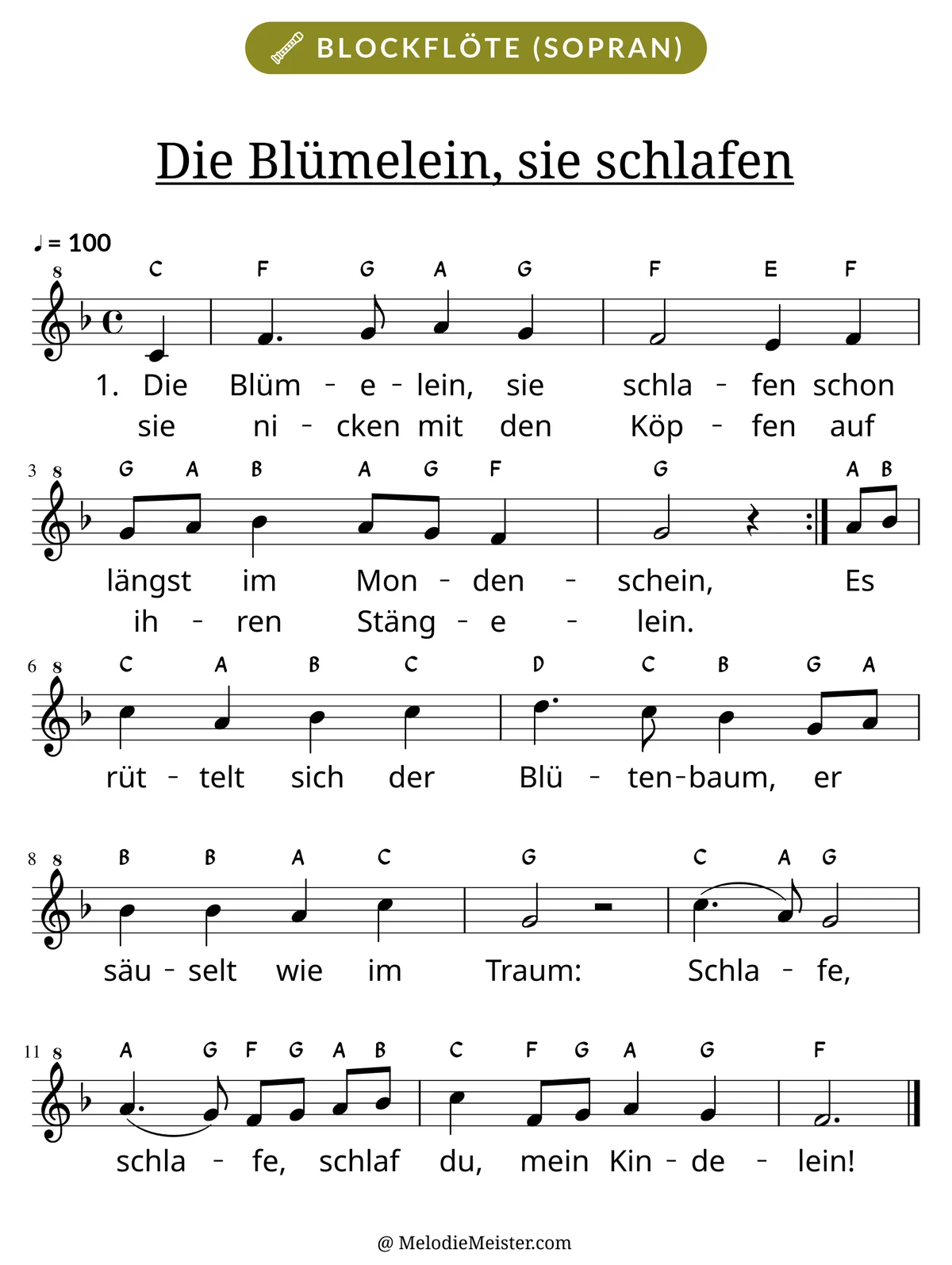 Notenblatt „Die Blümelein, sie schlafen“ für Blockflöte: Melodie mit Buchstaben über den Noten, darunter der Liedtext der ersten beiden Strophen.