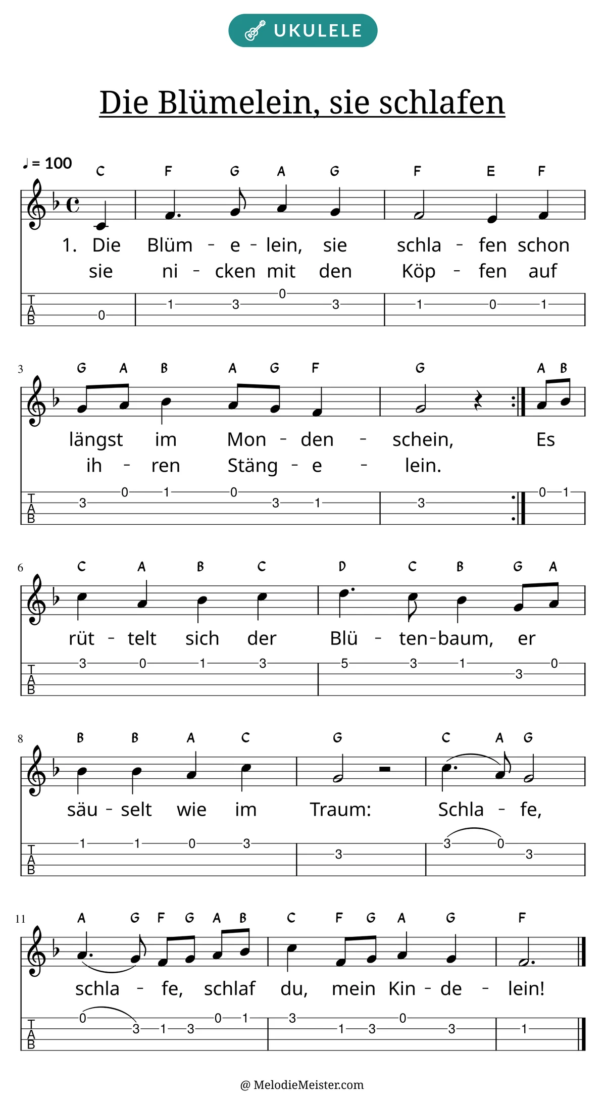 Notenblatt „Die Blümelein, sie schlafen“ für Ukulele: Melodie mit Buchstaben über den Noten, darunter der Liedtext der ersten beiden Strophen und die Ukulele-Tabulatur mit Bundzahlen.