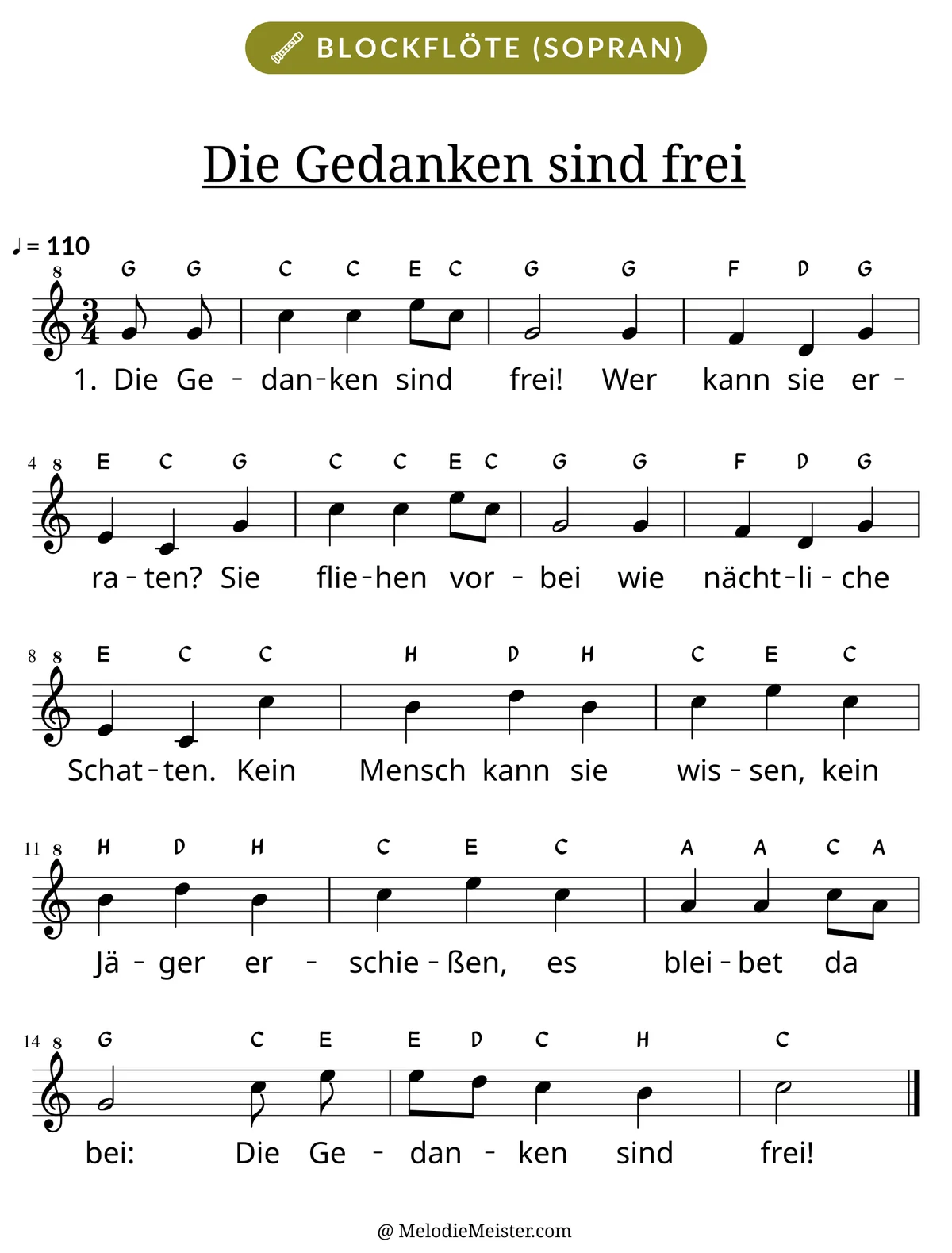 Notenblatt „Die Gedanken sind frei“ für Blockflöte: Melodie mit Buchstaben über den Noten, darunter der Liedtext der 1. Strophe.