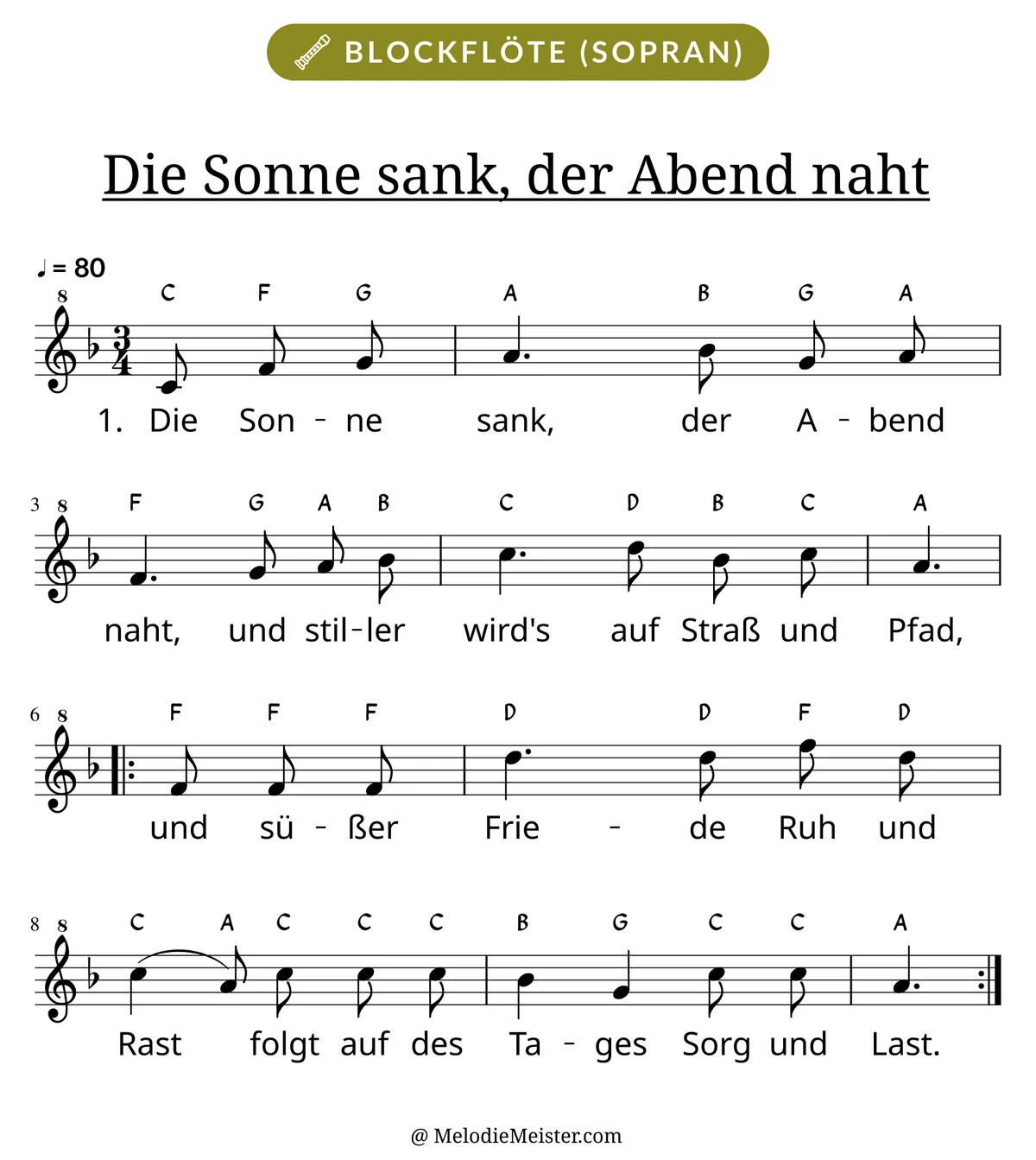 Notenblatt „Die Sonne sank, der Abend naht“ für Blockflöte: Melodie mit Buchstaben über den Noten, darunter der Liedtext der 1. Strophe.