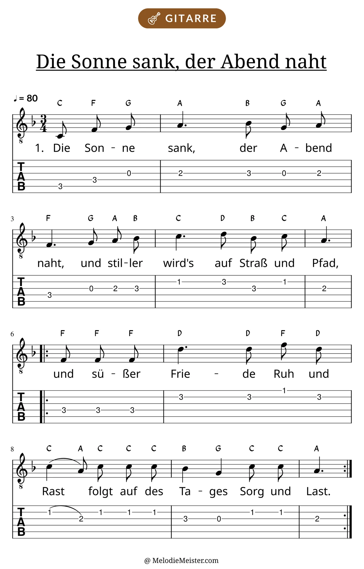 Notenblatt „Die Sonne sank, der Abend naht“ für Gitarre: Melodie mit Buchstaben über den Noten, darunter der Liedtext der 1. Strophe und die Gitarren-Tabulatur mit Bundzahlen.