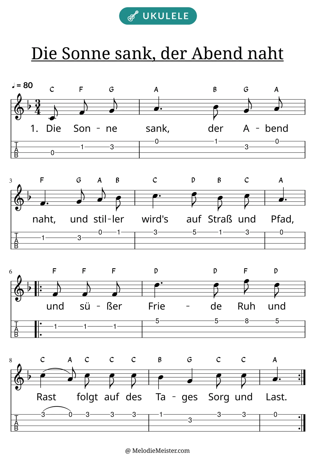Notenblatt „Die Sonne sank, der Abend naht“ für Ukulele: Melodie mit Buchstaben über den Noten, darunter der Liedtext der 1. Strophe und die Ukulele-Tabulatur mit Bundzahlen.