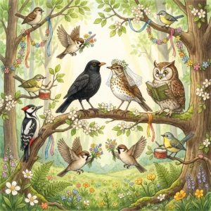 Vogelhochzeit auf einem geschmückten Ast: Amsel und Drossel mit Blütenschleier als Brautpaar, eine Eule mit Buch, Specht, Spatzen und ein trommelnder Vogel feiern mit.
