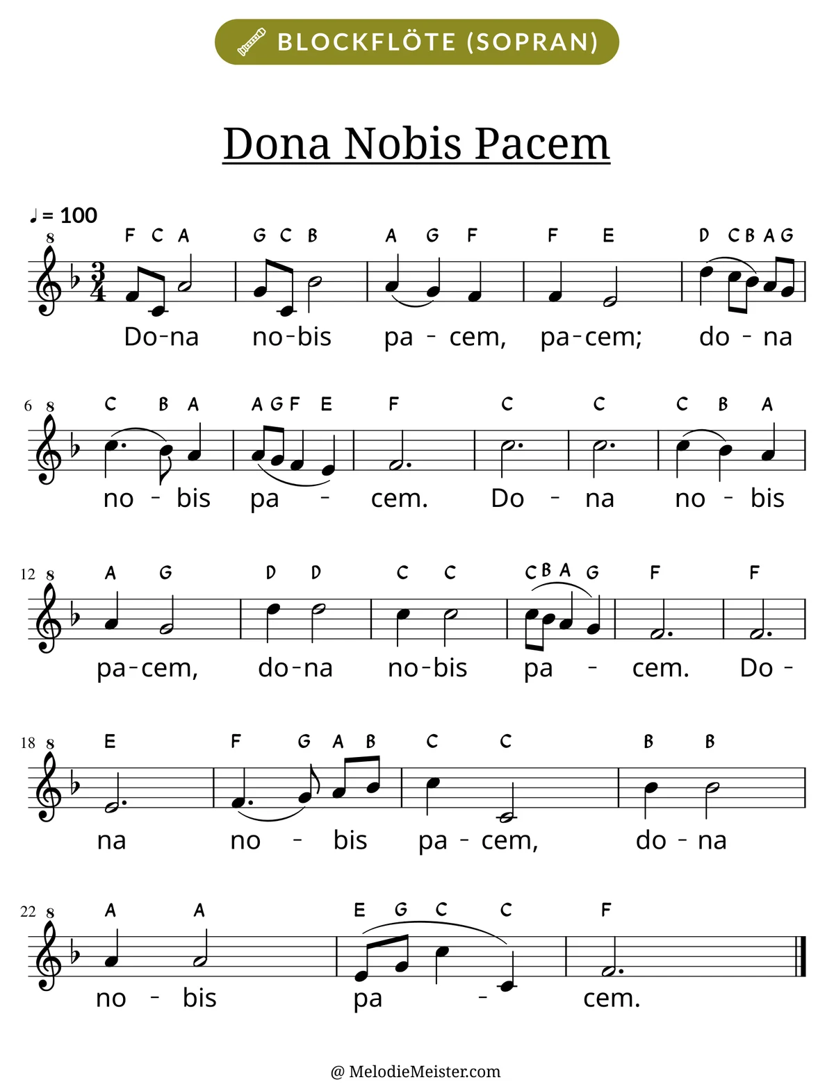 Notenblatt „Dona Nobis Pacem“ für Blockflöte: Melodie mit Buchstaben über den Noten, darunter der Liedtext.
