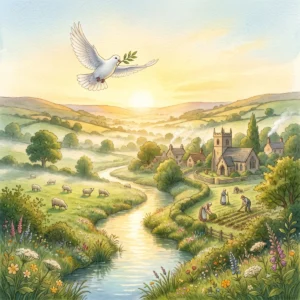 Eine weiße Taube mit Olivenzweig fliegt bei Sonnenaufgang über ein friedliches Tal mit Fluss, Feldern und einem Dorf mit Kirche.