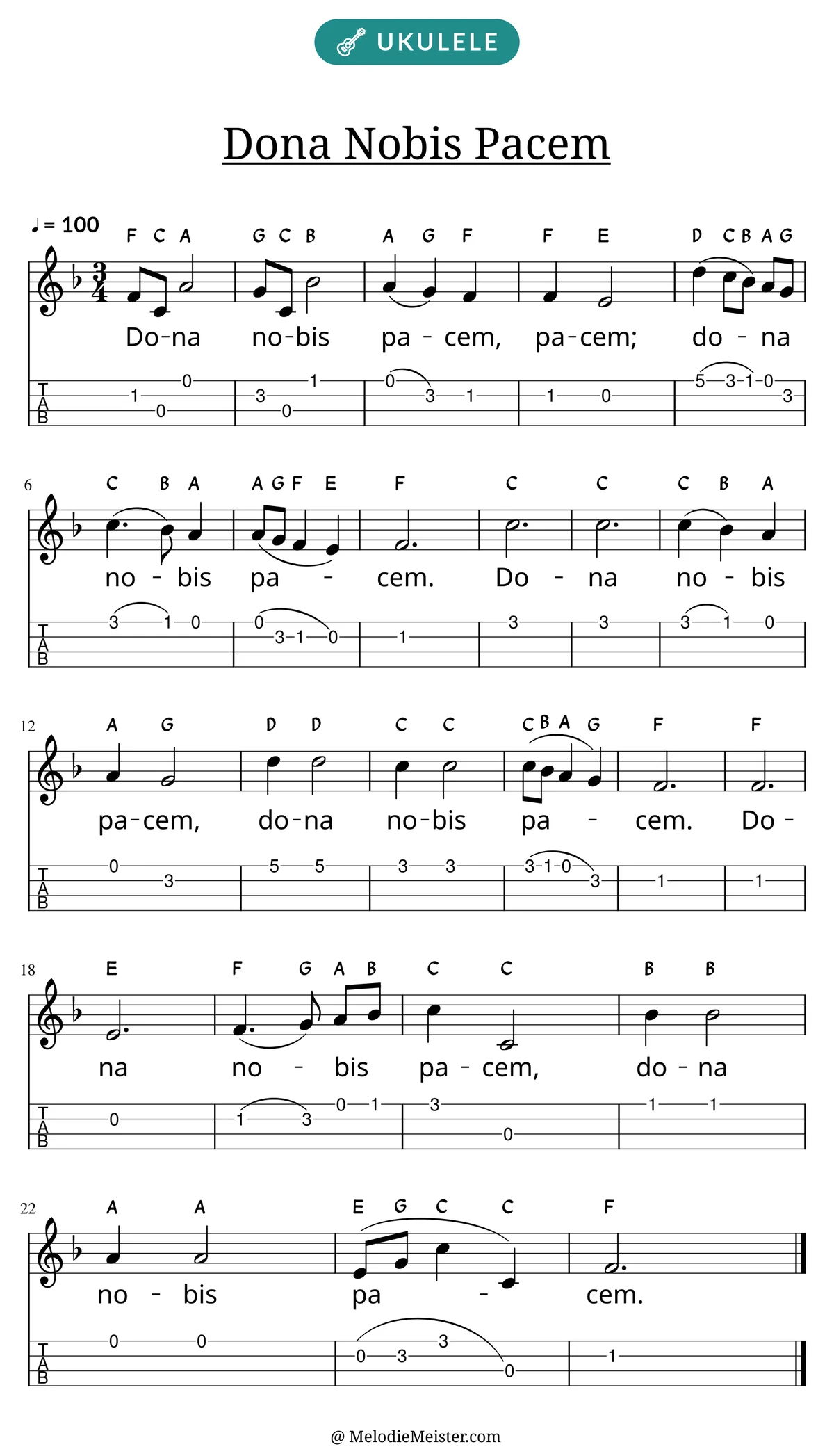 Notenblatt „Dona Nobis Pacem“ für Ukulele: Melodie mit Buchstaben über den Noten, darunter der Liedtext und die Ukulele-Tabulatur mit Bundzahlen.