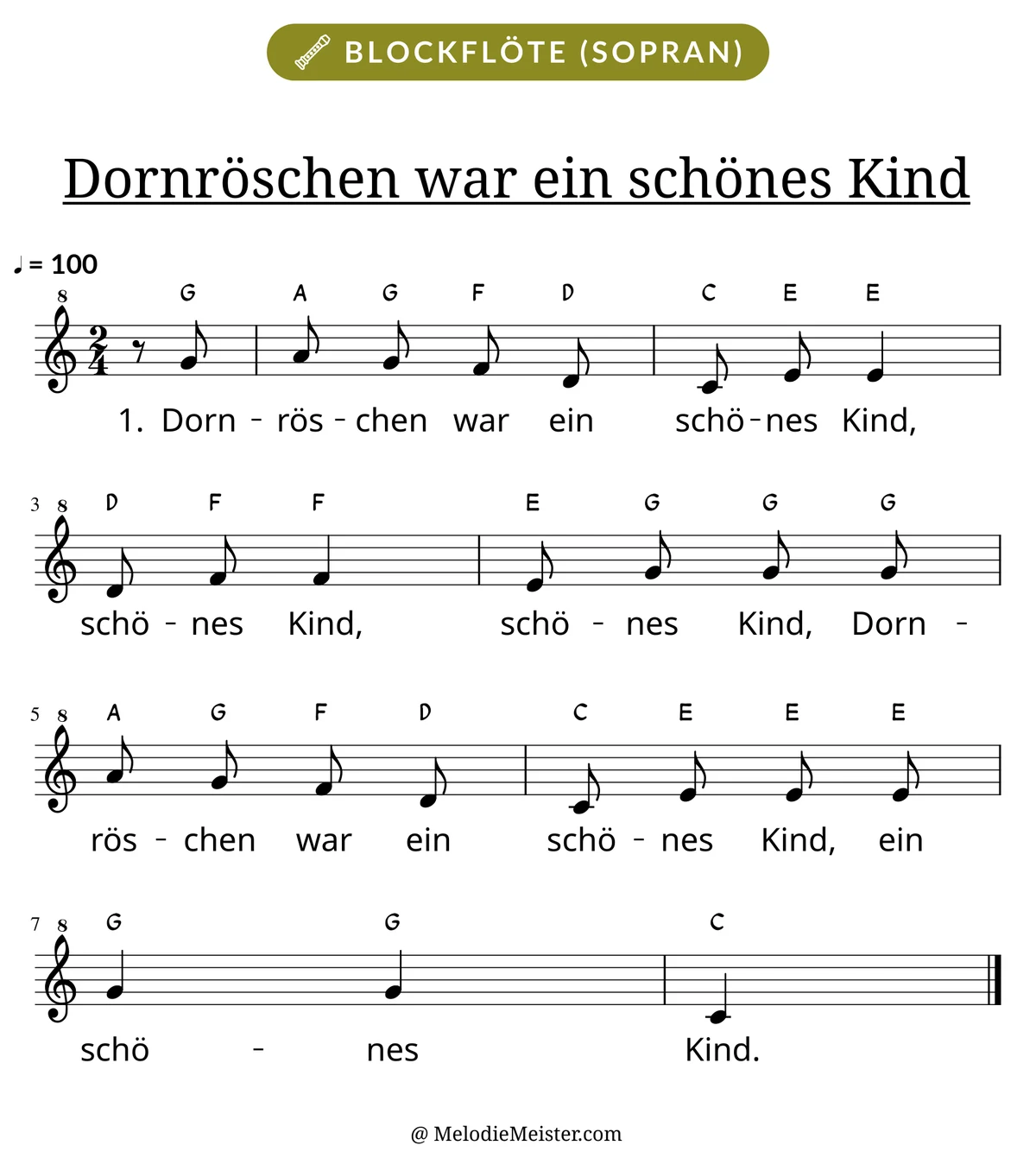 Notenblatt „Dornröschen war ein schönes Kind“ für Blockflöte: Melodie mit Buchstaben über den Noten, darunter der Liedtext der 1. Strophe.