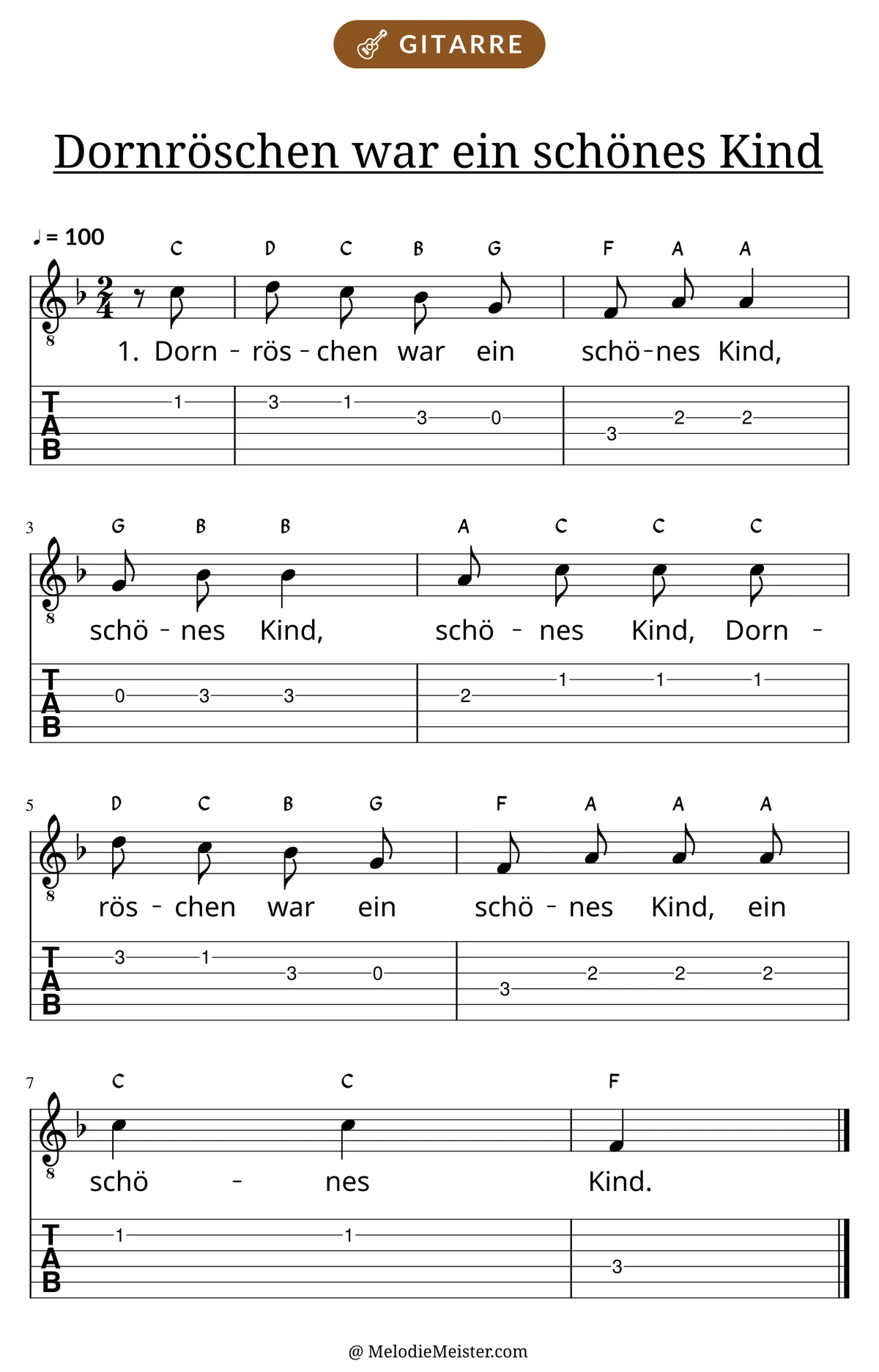 Notenblatt „Dornröschen war ein schönes Kind“ für Gitarre: Melodie mit Buchstaben über den Noten, darunter der Liedtext der 1. Strophe und die Gitarren-Tabulatur mit Bundzahlen.