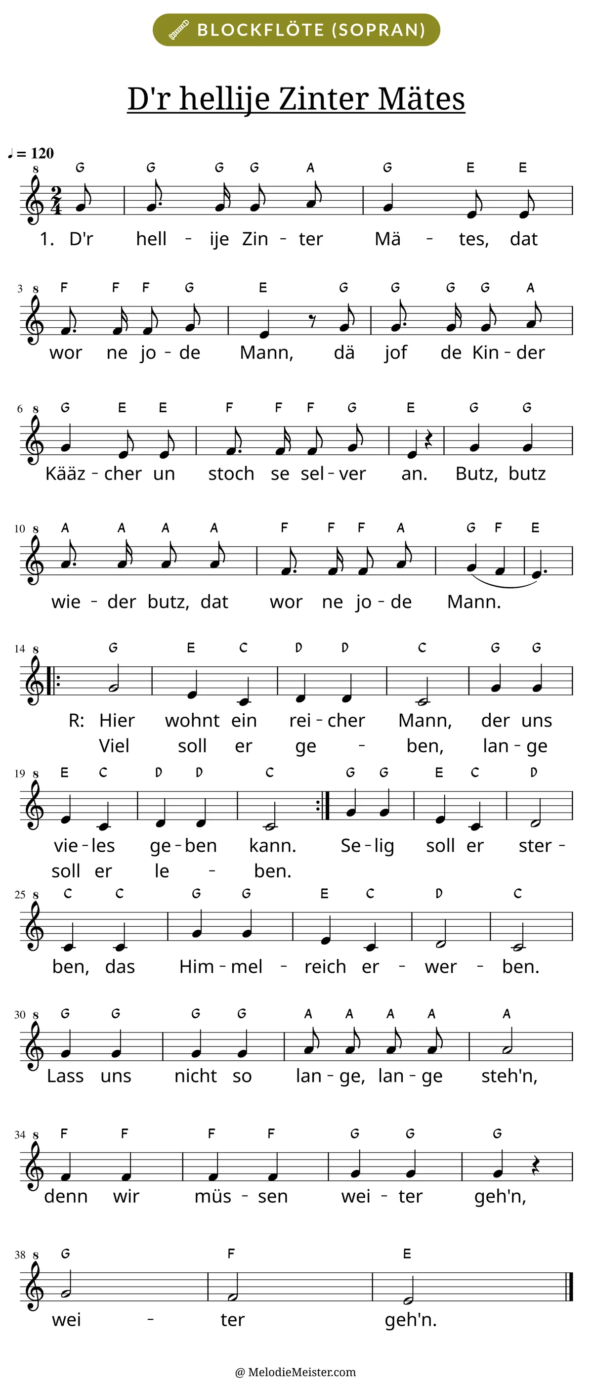 Notenblatt „D'r hellije Zinter Mätes“ für Blockflöte: Melodie mit Buchstaben über den Noten, darunter der Liedtext der ersten beiden Strophen.