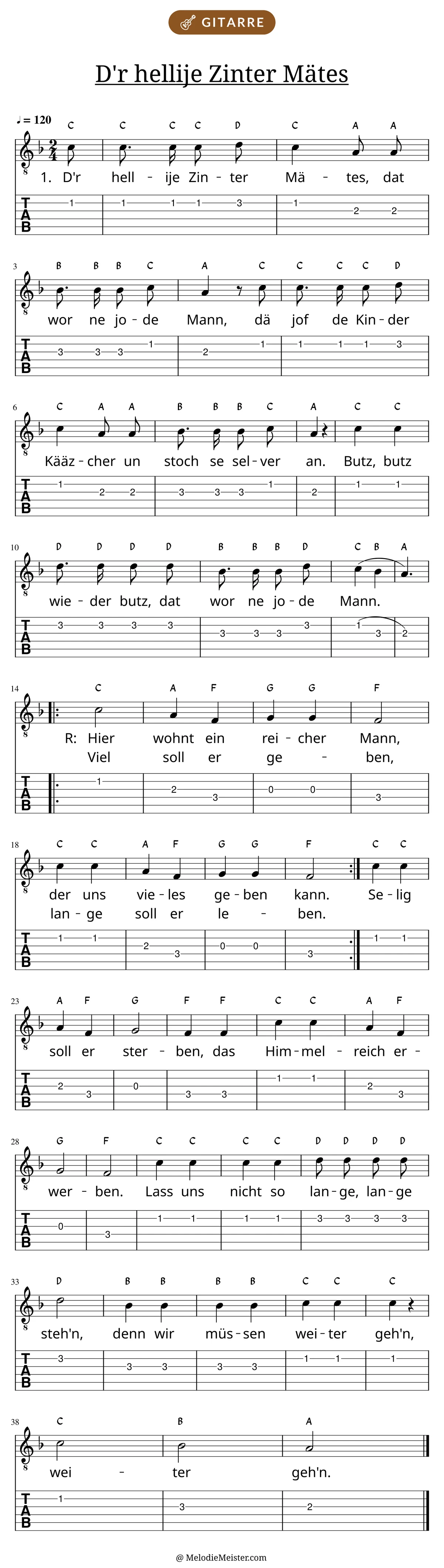 Notenblatt „D'r hellije Zinter Mätes“ für Gitarre: Melodie mit Buchstaben über den Noten, darunter der Liedtext der ersten beiden Strophen und die Gitarren-Tabulatur mit Bundzahlen.