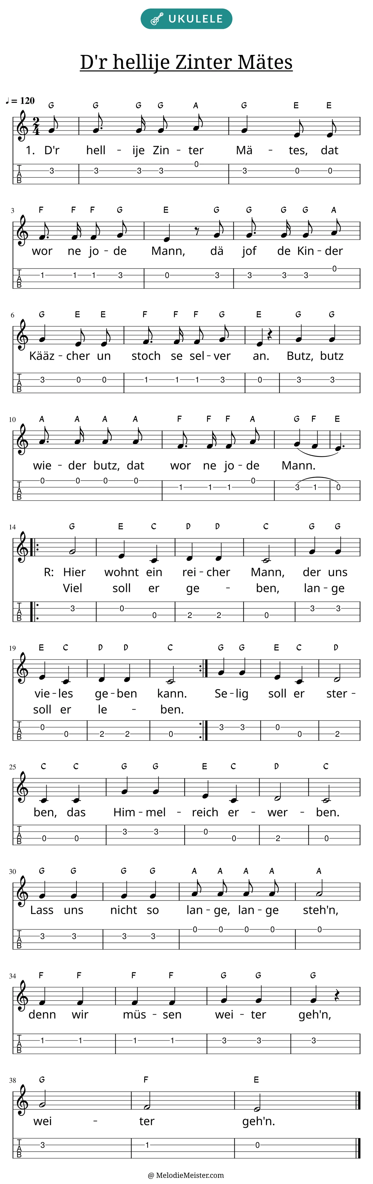 Notenblatt „D'r hellije Zinter Mätes“ für Ukulele: Melodie mit Buchstaben über den Noten, darunter der Liedtext der ersten beiden Strophen und die Ukulele-Tabulatur mit Bundzahlen.