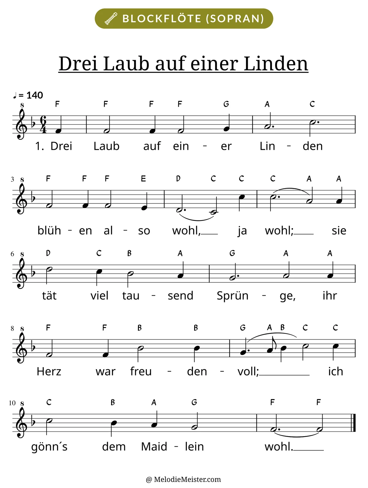 Notenblatt „Drei Laub auf einer Linden“ für Blockflöte: Melodie mit Buchstaben über den Noten, darunter der Liedtext der 1. Strophe.