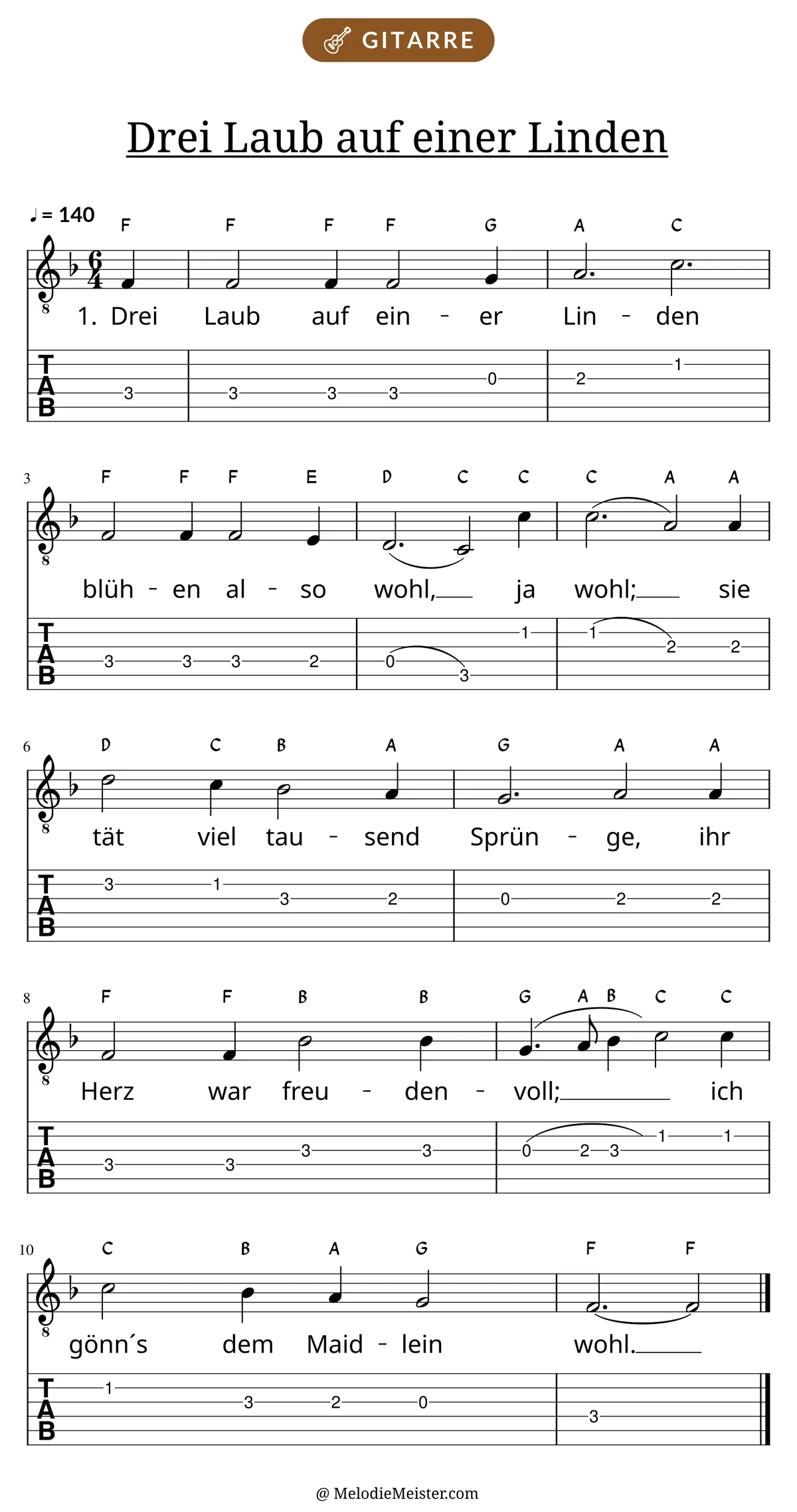 Notenblatt „Drei Laub auf einer Linden“ für Gitarre: Melodie mit Buchstaben über den Noten, darunter der Liedtext der 1. Strophe und die Gitarren-Tabulatur mit Bundzahlen.