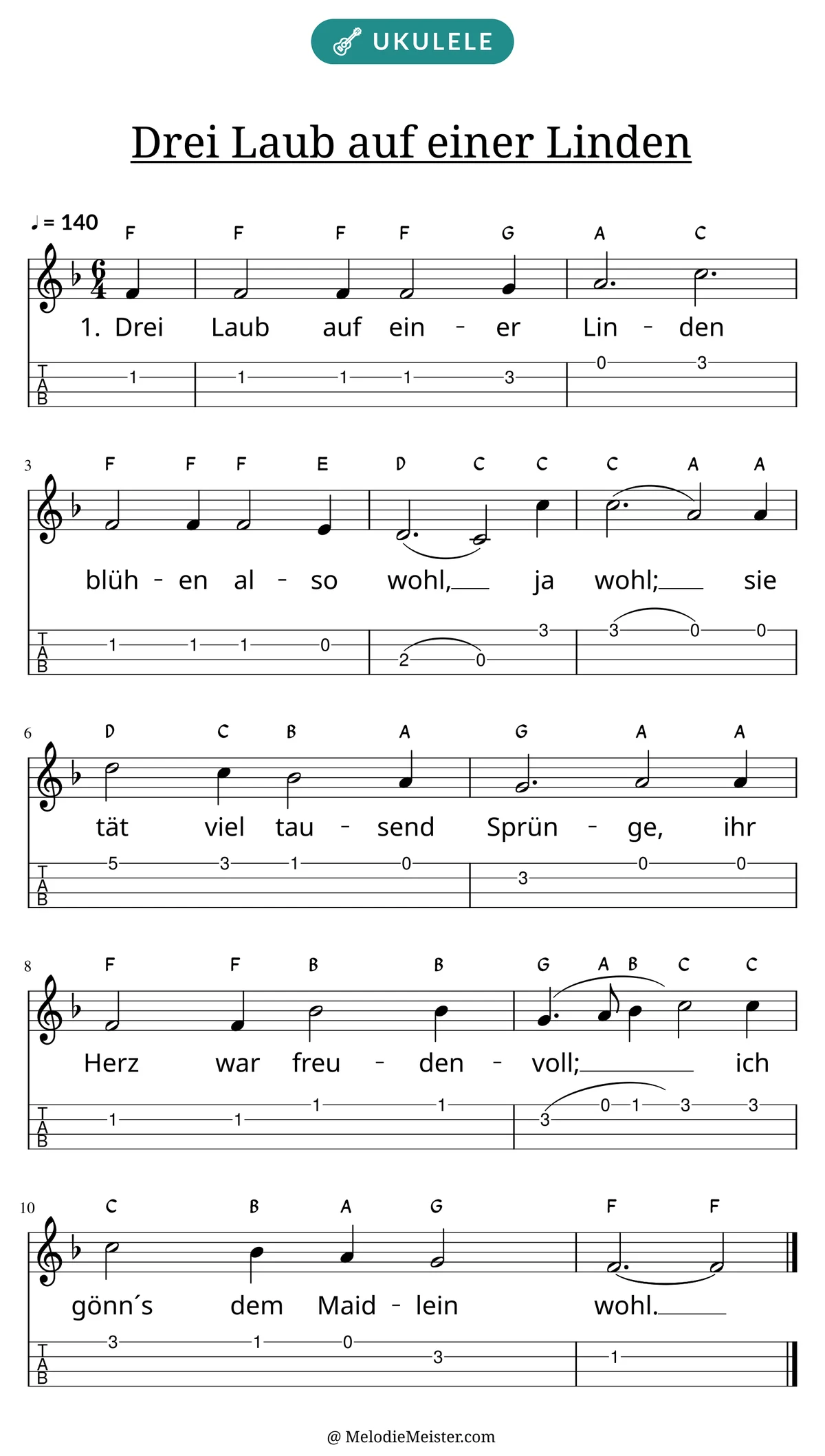 Notenblatt „Drei Laub auf einer Linden“ für Ukulele: Melodie mit Buchstaben über den Noten, darunter der Liedtext der 1. Strophe und die Ukulele-Tabulatur mit Bundzahlen.