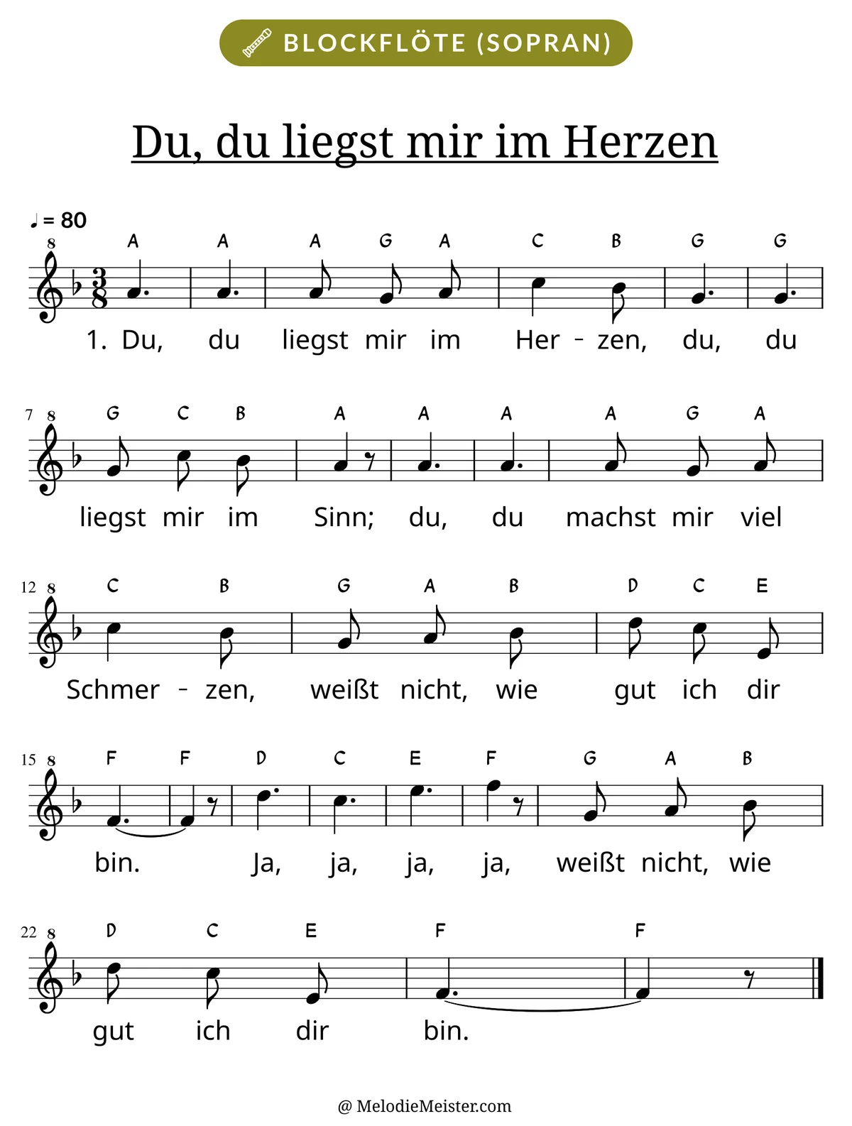 Notenblatt „Du, du liegst mir im Herzen“ für Blockflöte: Melodie mit Buchstaben über den Noten, darunter der Liedtext der 1. Strophe.