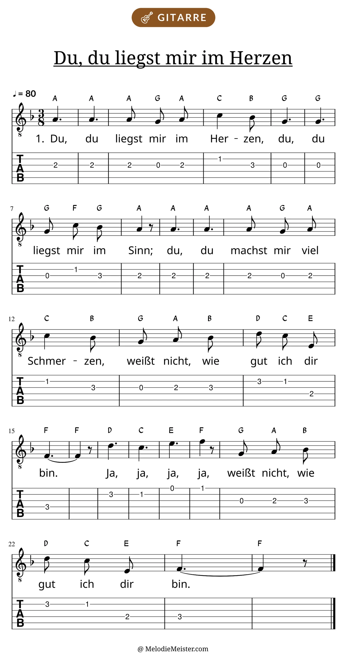 Notenblatt „Du, du liegst mir im Herzen“ für Gitarre: Melodie mit Buchstaben über den Noten, darunter der Liedtext der 1. Strophe und die Gitarren-Tabulatur mit Bundzahlen.