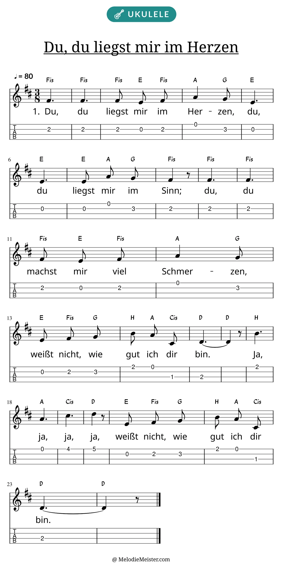 Notenblatt „Du, du liegst mir im Herzen“ für Ukulele: Melodie mit Buchstaben über den Noten, darunter der Liedtext der 1. Strophe und die Ukulele-Tabulatur mit Bundzahlen.