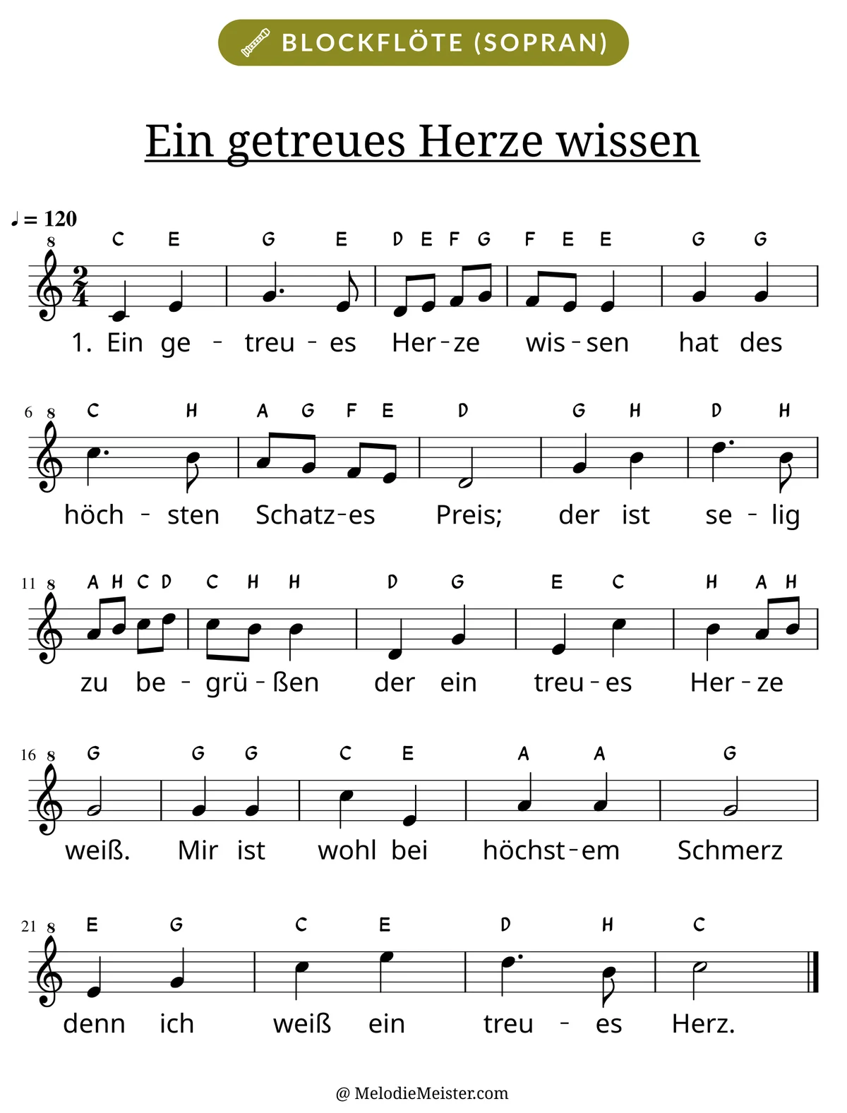 Notenblatt „Ein getreues Herze wissen“ für Blockflöte: Melodie mit Buchstaben über den Noten, darunter der Liedtext der 1. Strophe.