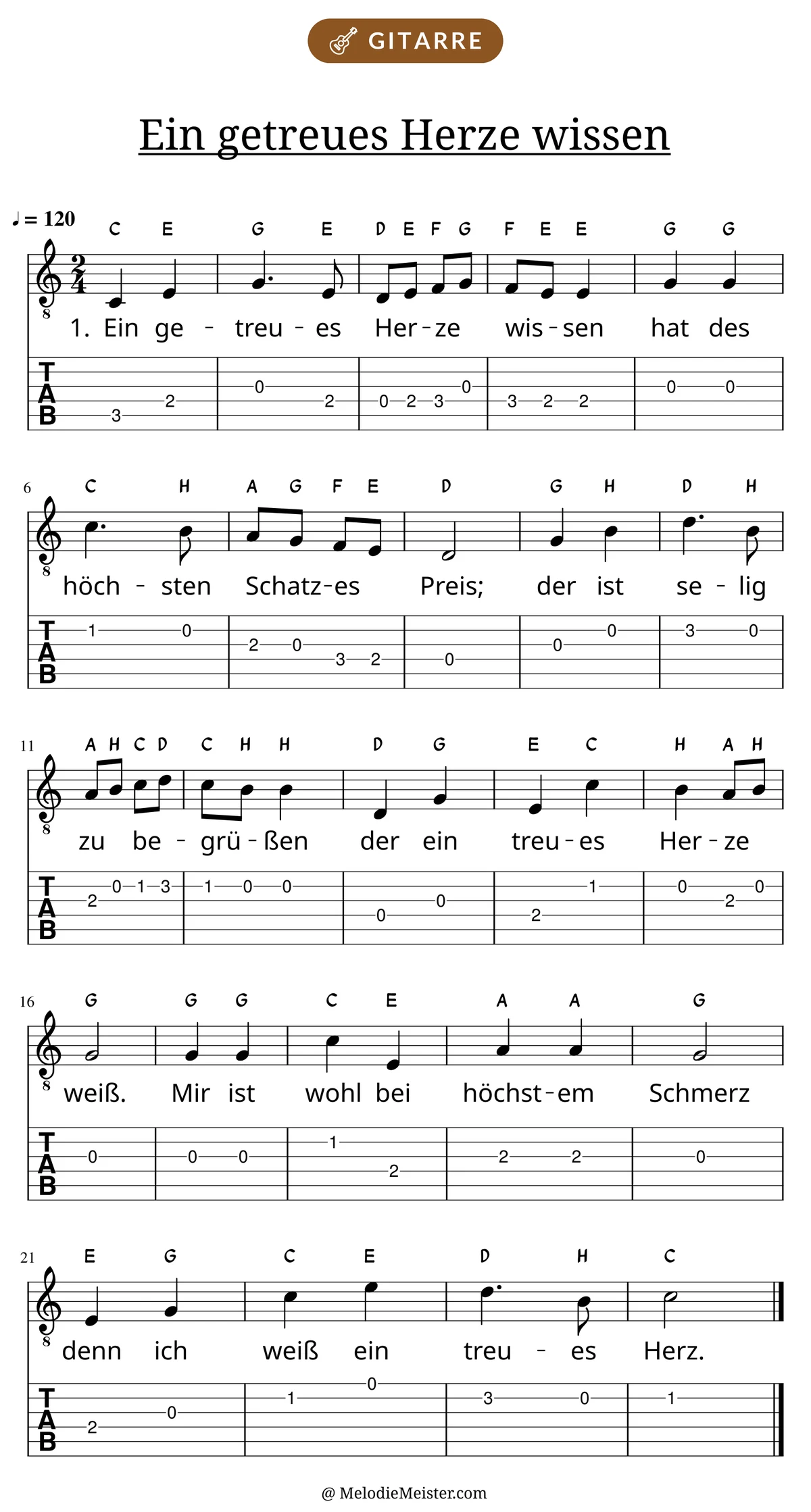 Notenblatt „Ein getreues Herze wissen“ für Gitarre: Melodie mit Buchstaben über den Noten, darunter der Liedtext der 1. Strophe und die Gitarren-Tabulatur mit Bundzahlen.