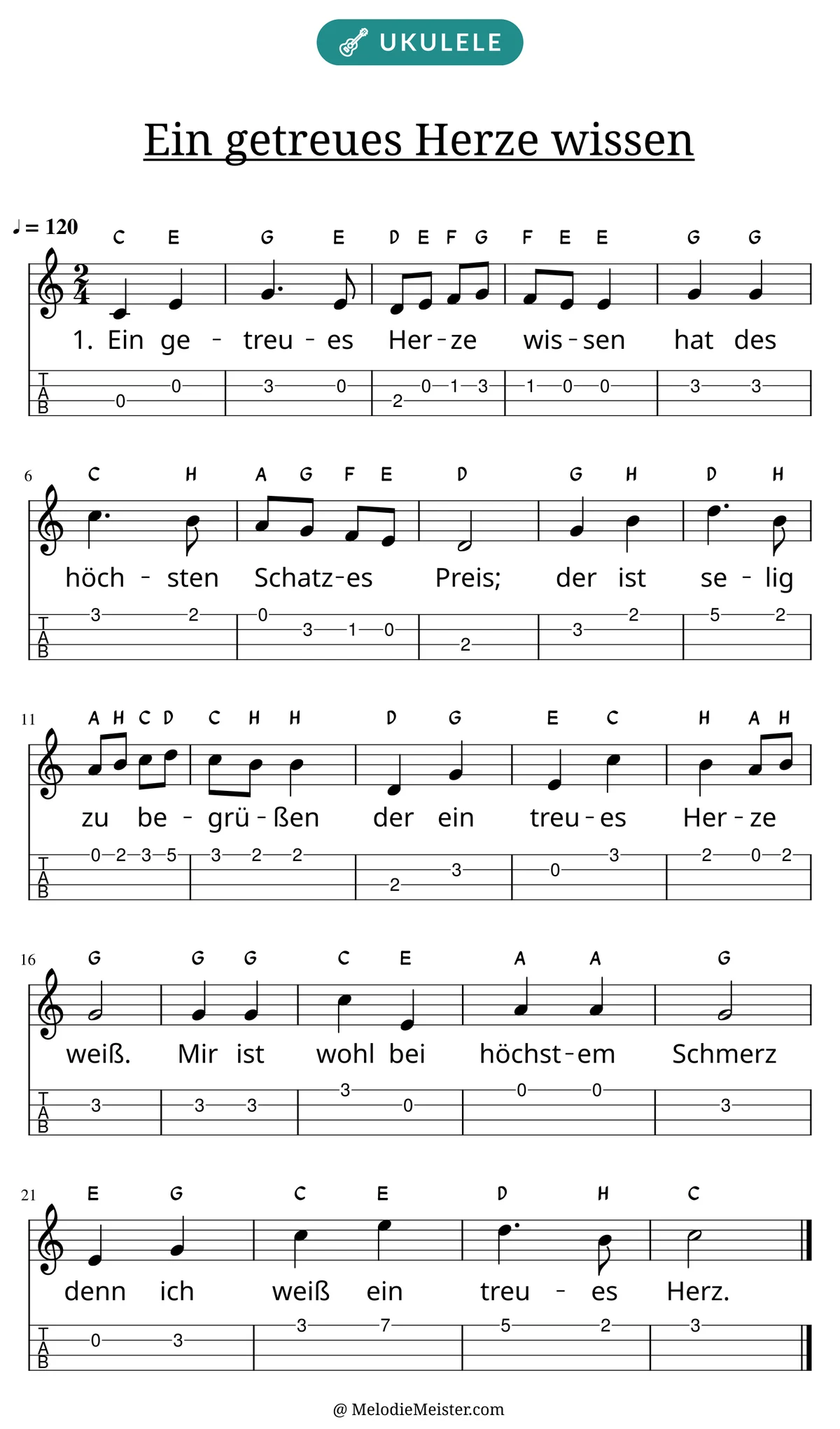 Notenblatt „Ein getreues Herze wissen“ für Ukulele: Melodie mit Buchstaben über den Noten, darunter der Liedtext der 1. Strophe und die Ukulele-Tabulatur mit Bundzahlen.