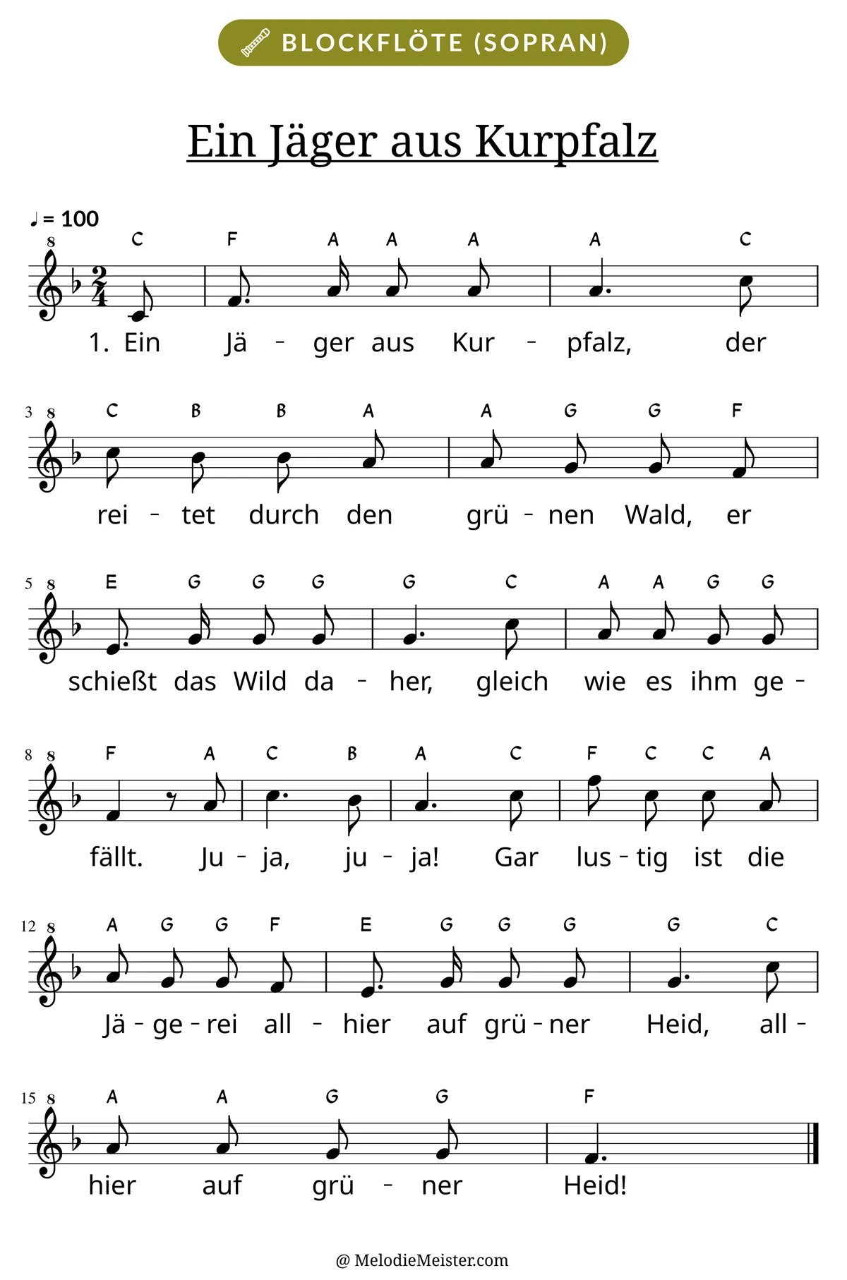 Notenblatt „Ein Jäger aus Kurpfalz“ für Blockflöte: Melodie mit Buchstaben über den Noten, darunter der Liedtext der 1. Strophe.