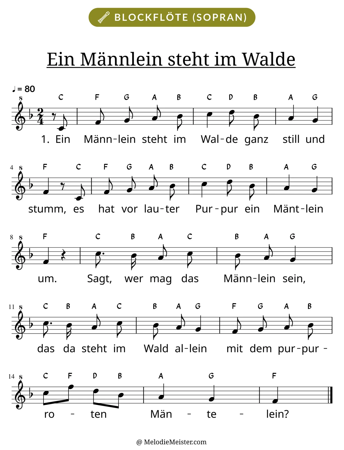 Notenblatt „Ein Männlein steht im Walde“ für Blockflöte: Melodie mit Buchstaben über den Noten, darunter der Liedtext der 1. Strophe.