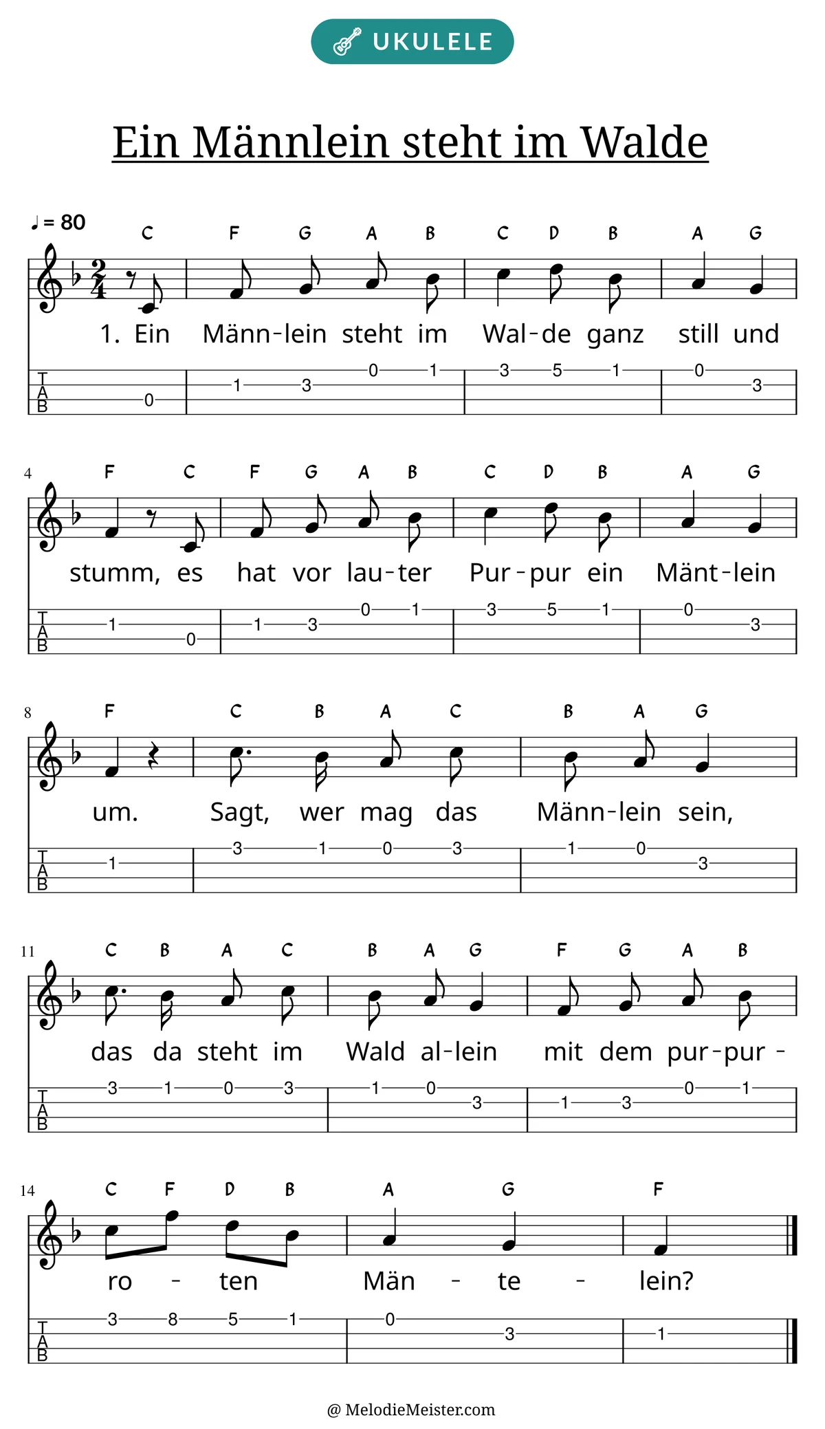 Notenblatt „Ein Männlein steht im Walde“ für Ukulele: Melodie mit Buchstaben über den Noten, darunter der Liedtext der 1. Strophe und die Ukulele-Tabulatur mit Bundzahlen.