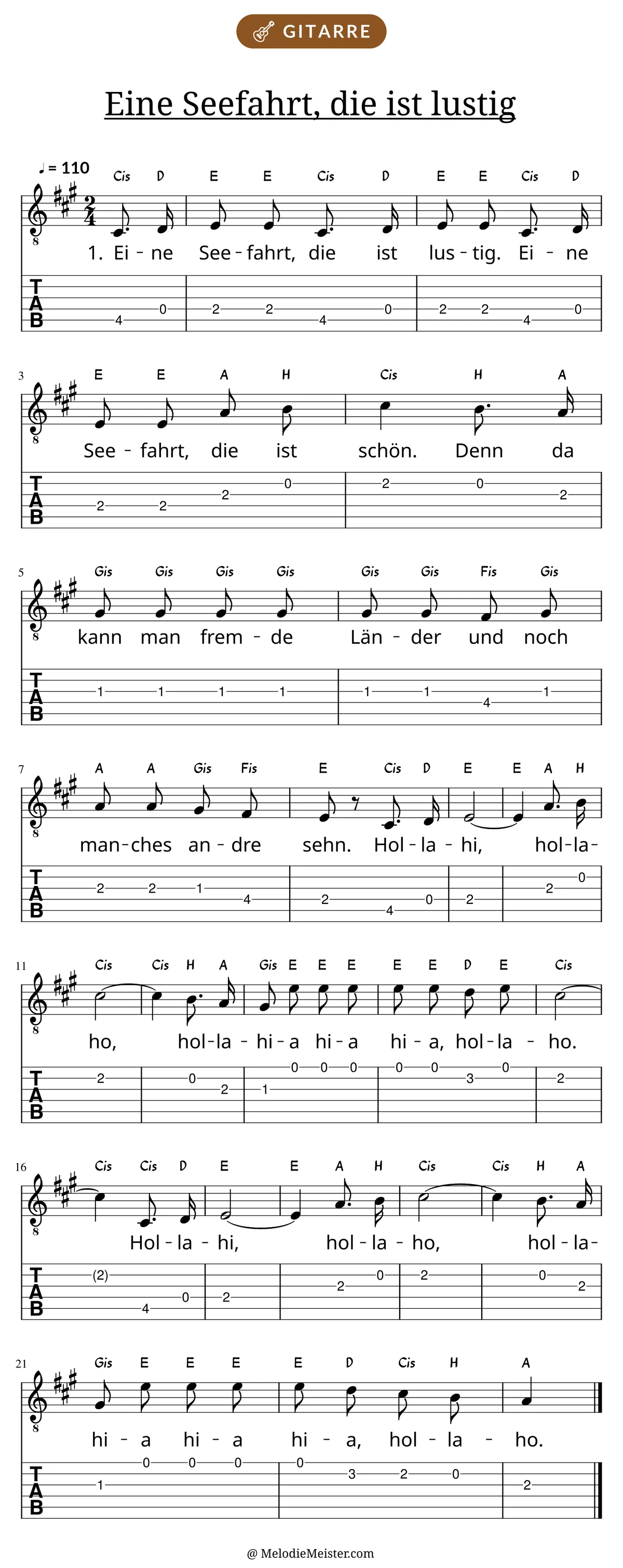 Notenblatt „Eine Seefahrt, die ist lustig“ für Gitarre: Melodie mit Buchstaben über den Noten, darunter der Liedtext der 1. Strophe und die Gitarren-Tabulatur mit Bundzahlen.