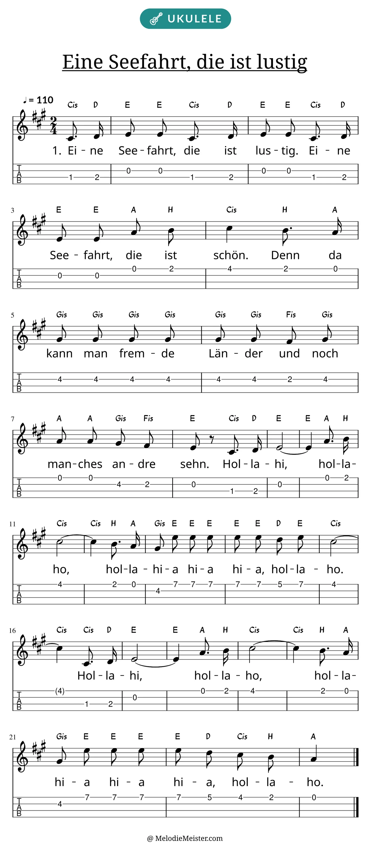 Notenblatt „Eine Seefahrt, die ist lustig“ für Ukulele: Melodie mit Buchstaben über den Noten, darunter der Liedtext der 1. Strophe und die Ukulele-Tabulatur mit Bundzahlen.