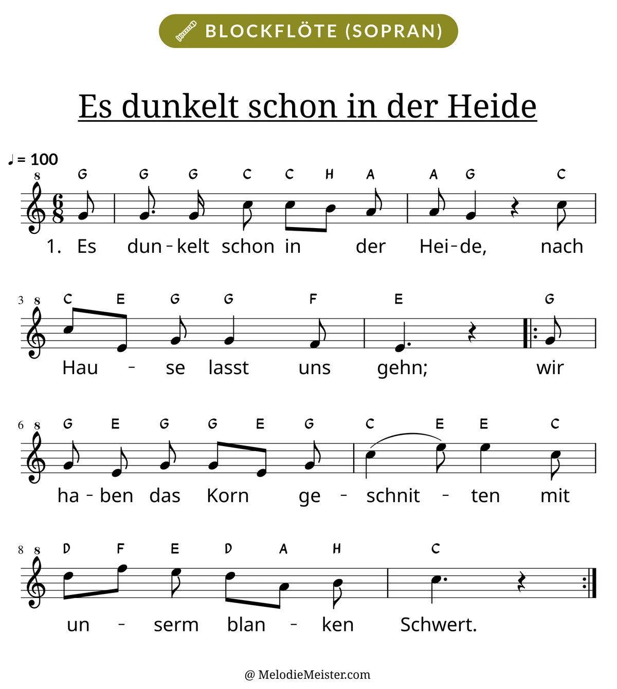 Notenblatt „Es dunkelt schon in der Heide“ für Blockflöte: Melodie mit Buchstaben über den Noten, darunter der Liedtext der 1. Strophe.