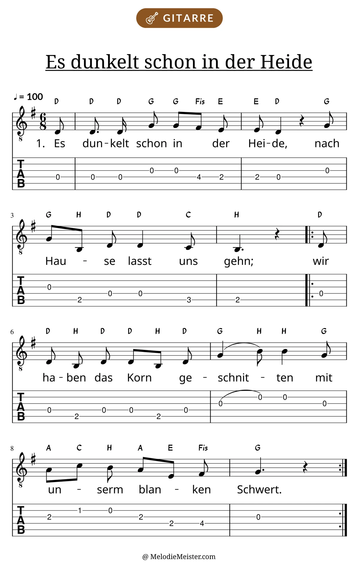 Notenblatt „Es dunkelt schon in der Heide“ für Gitarre: Melodie mit Buchstaben über den Noten, darunter der Liedtext der 1. Strophe und die Gitarren-Tabulatur mit Bundzahlen.