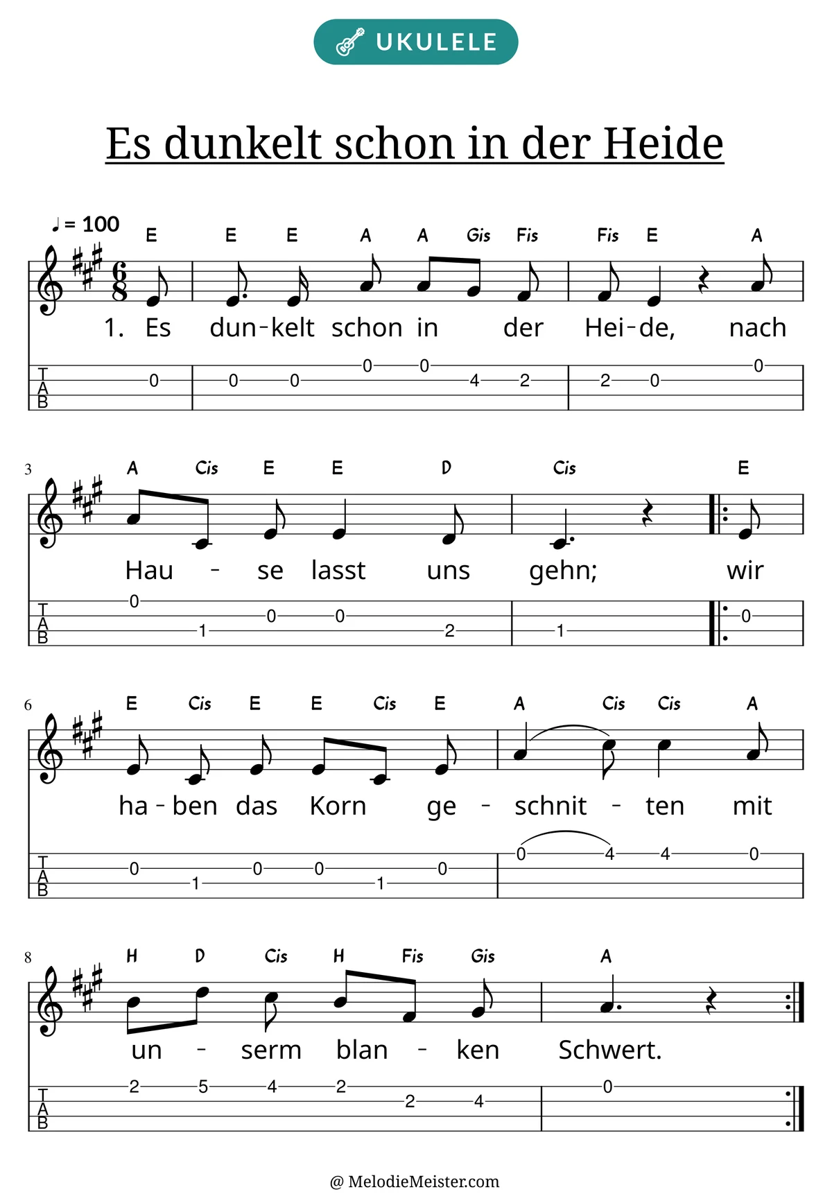 Notenblatt „Es dunkelt schon in der Heide“ für Ukulele: Melodie mit Buchstaben über den Noten, darunter der Liedtext der 1. Strophe und die Ukulele-Tabulatur mit Bundzahlen.