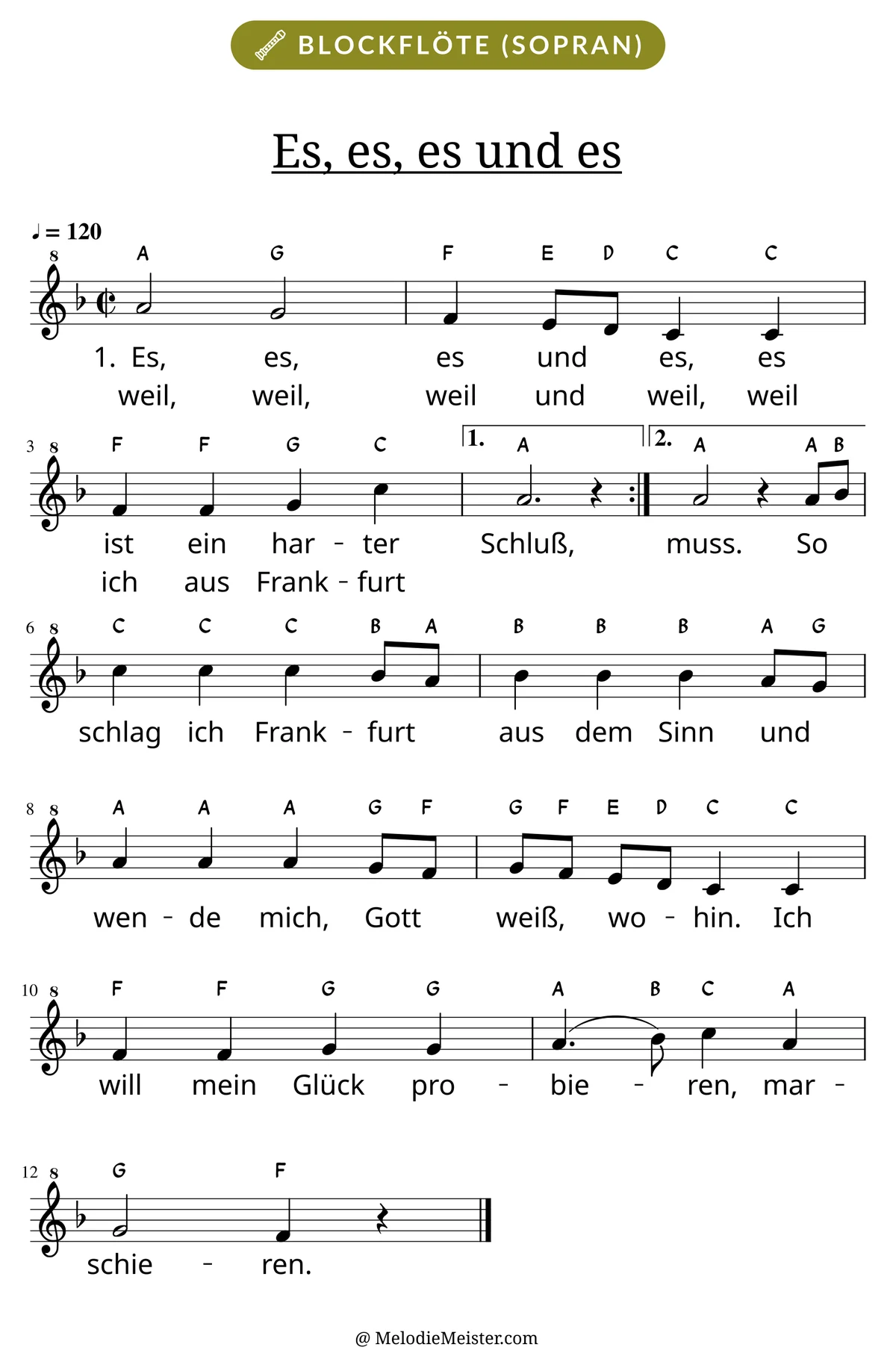 Notenblatt „Es, es, es und es“ für Blockflöte: Melodie mit Buchstaben über den Noten, darunter der Liedtext der ersten beiden Strophen.