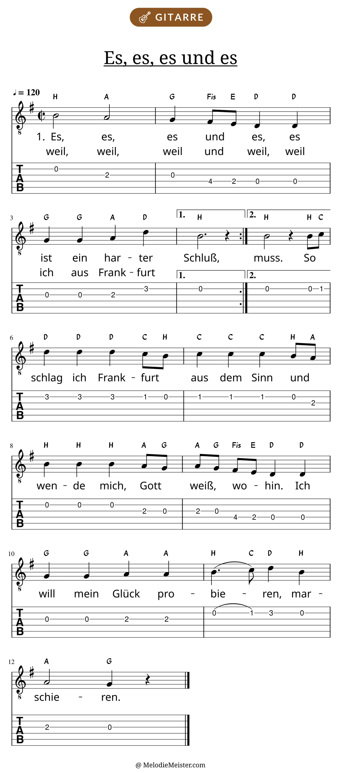 Notenblatt „Es, es, es und es“ für Gitarre: Melodie mit Buchstaben über den Noten, darunter der Liedtext der ersten beiden Strophen und die Gitarren-Tabulatur mit Bundzahlen.
