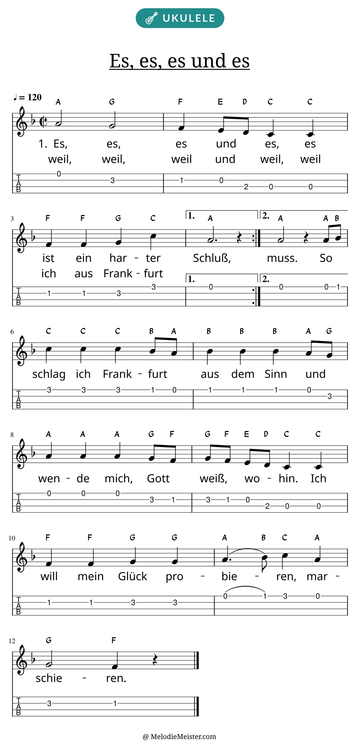 Notenblatt „Es, es, es und es“ für Ukulele: Melodie mit Buchstaben über den Noten, darunter der Liedtext der ersten beiden Strophen und die Ukulele-Tabulatur mit Bundzahlen.