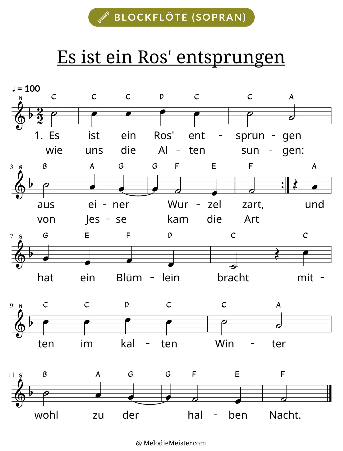 Notenblatt „Es ist ein Ros' entsprungen“ für Blockflöte: Melodie mit Buchstaben über den Noten, darunter der Liedtext der ersten beiden Strophen.