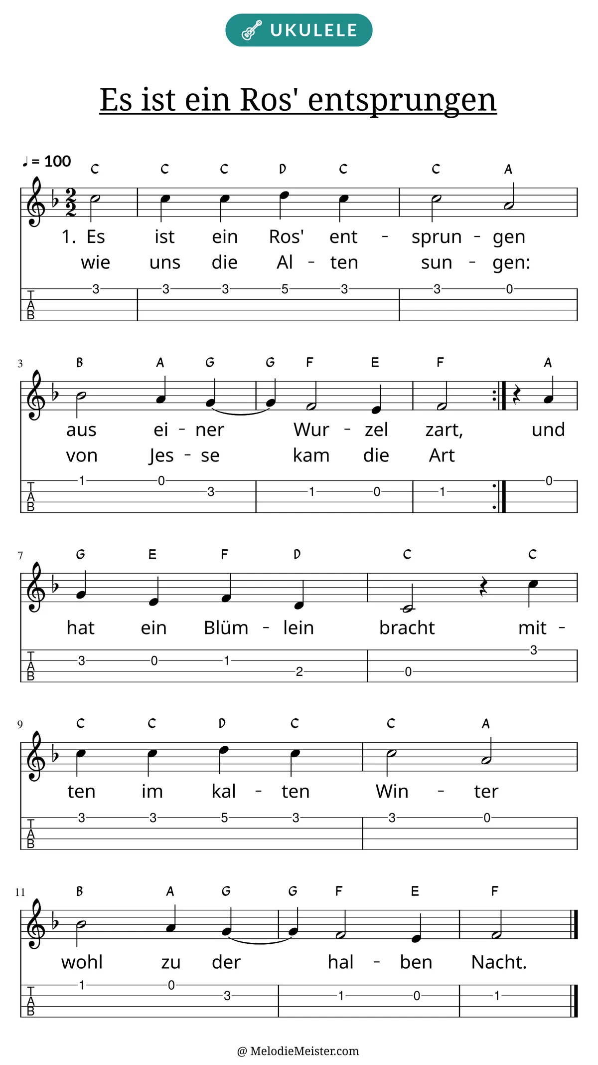 Notenblatt „Es ist ein Ros' entsprungen“ für Ukulele: Melodie mit Buchstaben über den Noten, darunter der Liedtext der ersten beiden Strophen und die Ukulele-Tabulatur mit Bundzahlen.