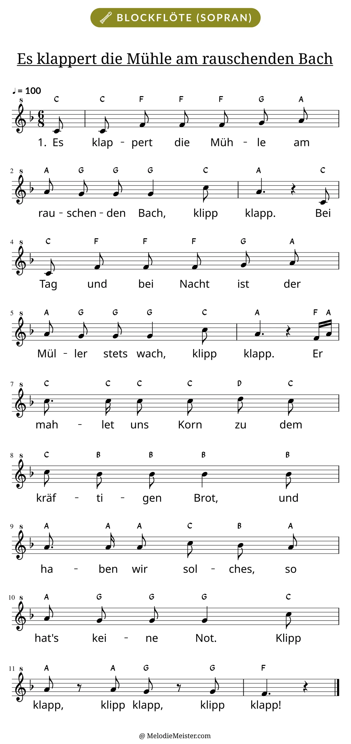 Notenblatt „Es klappert die Mühle am rauschenden Bach“ für Blockflöte: Melodie mit Buchstaben über den Noten, darunter der Liedtext der 1. Strophe.