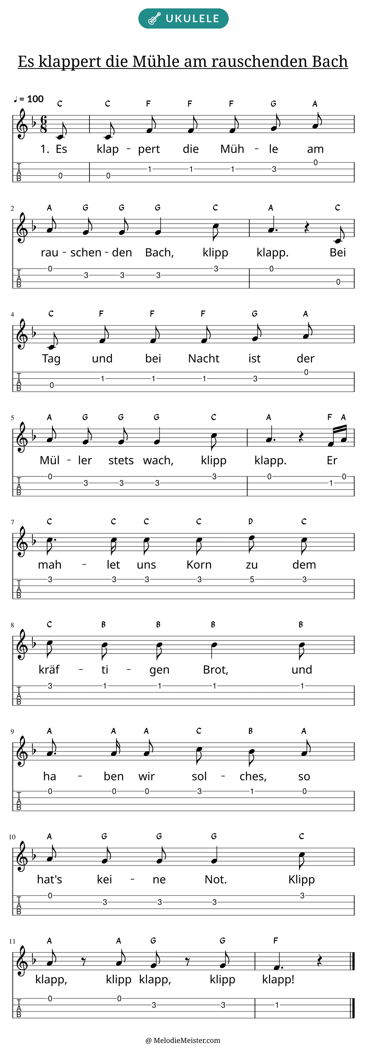 Notenblatt „Es klappert die Mühle am rauschenden Bach“ für Ukulele: Melodie mit Buchstaben über den Noten, darunter der Liedtext der 1. Strophe und die Ukulele-Tabulatur mit Bundzahlen.
