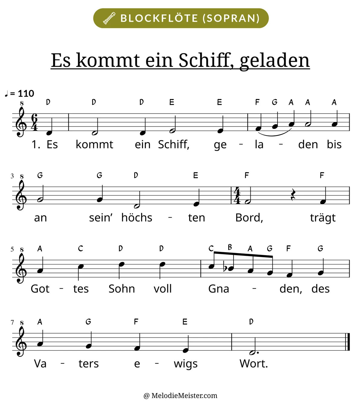 Notenblatt „Es kommt ein Schiff, geladen“ für Blockflöte: Melodie mit Buchstaben über den Noten, darunter der Liedtext der 1. Strophe.