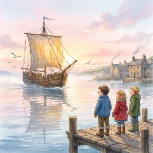 Ein hölzernes Segelschiff mit hellem Segel gleitet bei Sonnenaufgang über ruhiges Wasser auf ein kleines Hafenstädtchen zu, drei Kinder schauen vom Holzsteg aus zu.