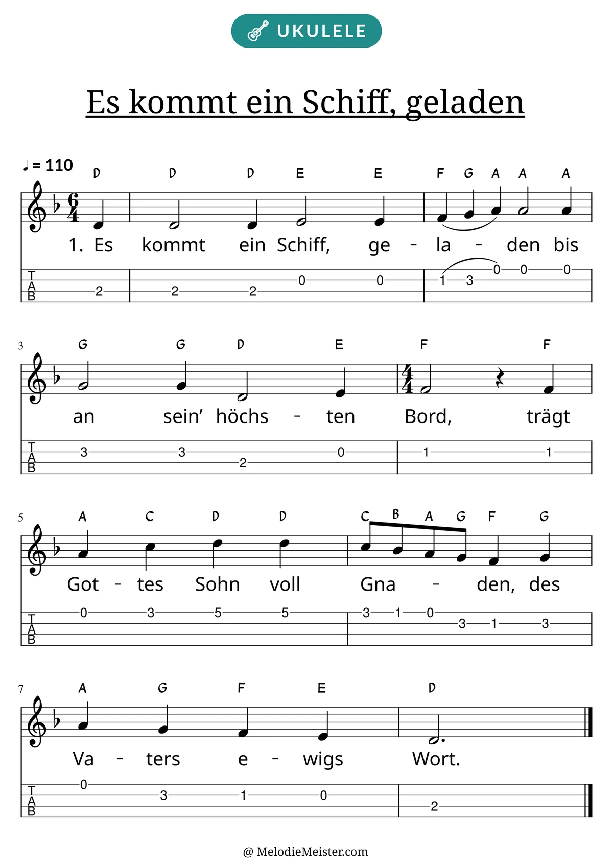 Notenblatt „Es kommt ein Schiff, geladen“ für Ukulele: Melodie mit Buchstaben über den Noten, darunter der Liedtext der 1. Strophe und die Ukulele-Tabulatur mit Bundzahlen.